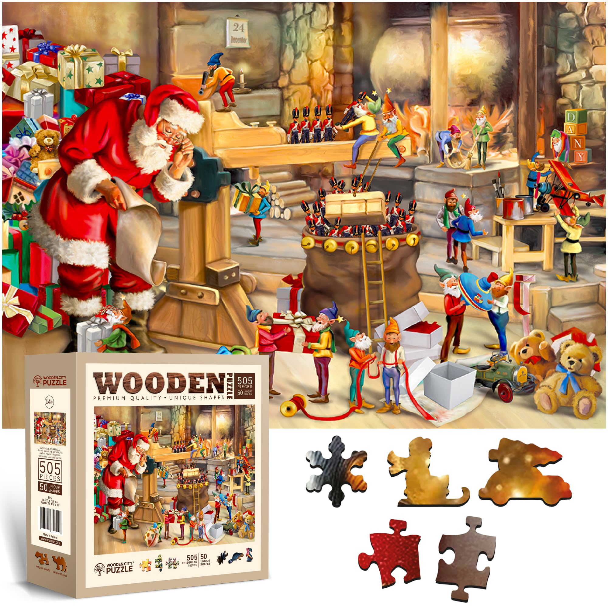 WOODEN.CITY 500 Piece Wooden Christmas Jigsaw Puzzle  Festive Holiday Scene with 50 Unique Figurine Pieces, Premium Laser-Cut Wood, Seasonal Dcor (Santas Workshop)