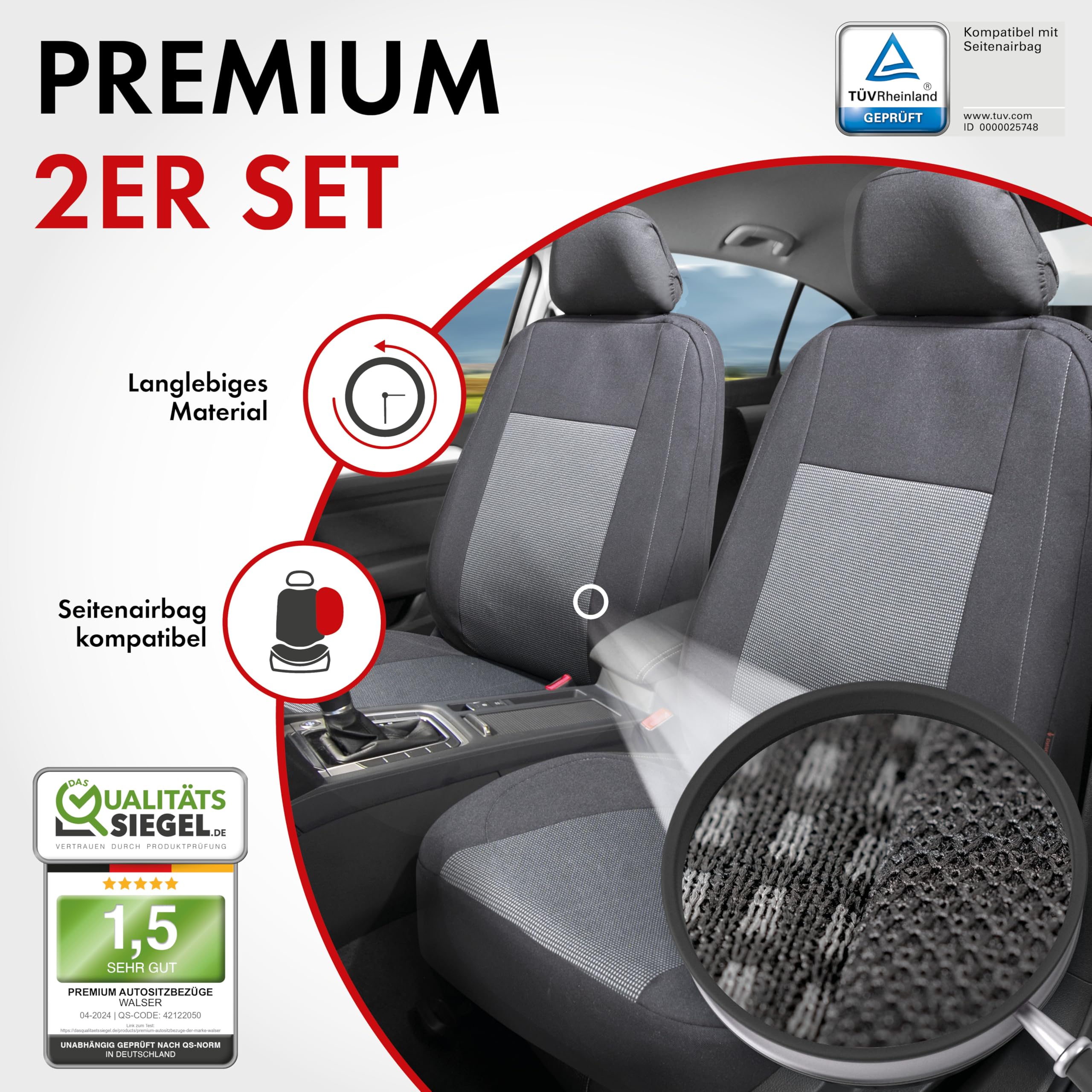 Walser Premium Autositzbezüge Ardwell mit Reißverschluss Qualitätssieger Sehr Gut* Sitzbezüge Auto, Zipp-IT Schonbezüge, 2 Vordersitzbezüge schwarz/grau 11867