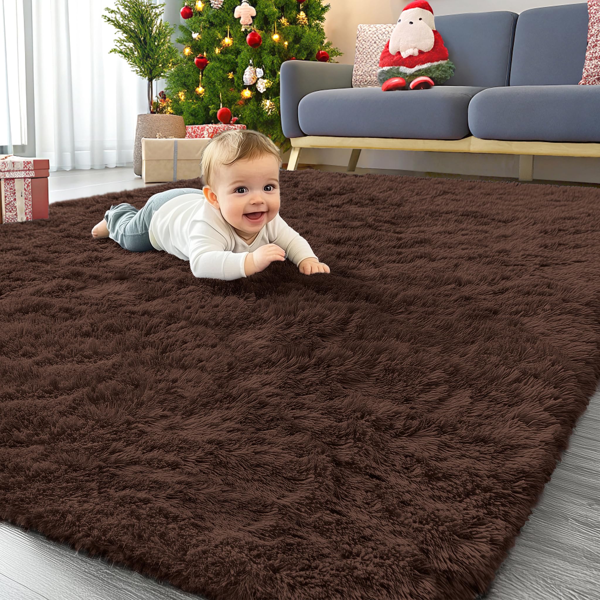 OLANLY Area Rugs for Living Room Bedroom, Machine Washable 4x5.9 Feet Soft Fluffy Shaggy Bedside Rug, Indoor Floor Carpet for Kids Girls and Boys, Dorms, Nursery Rooms, Home Decor Aesthetic, Coffee โ image 1