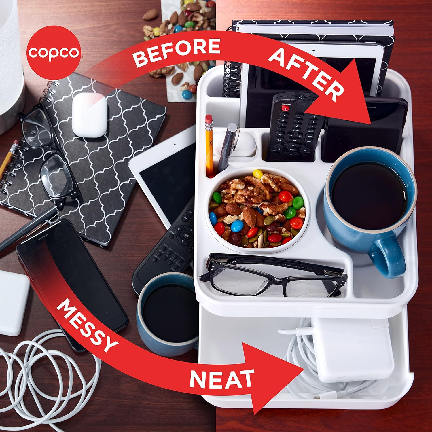 Copco Couch Caddy Organizer with Removable Snack Cup - Versatile Storage Solution for Remotes, Glasses, Snacks, and More, White