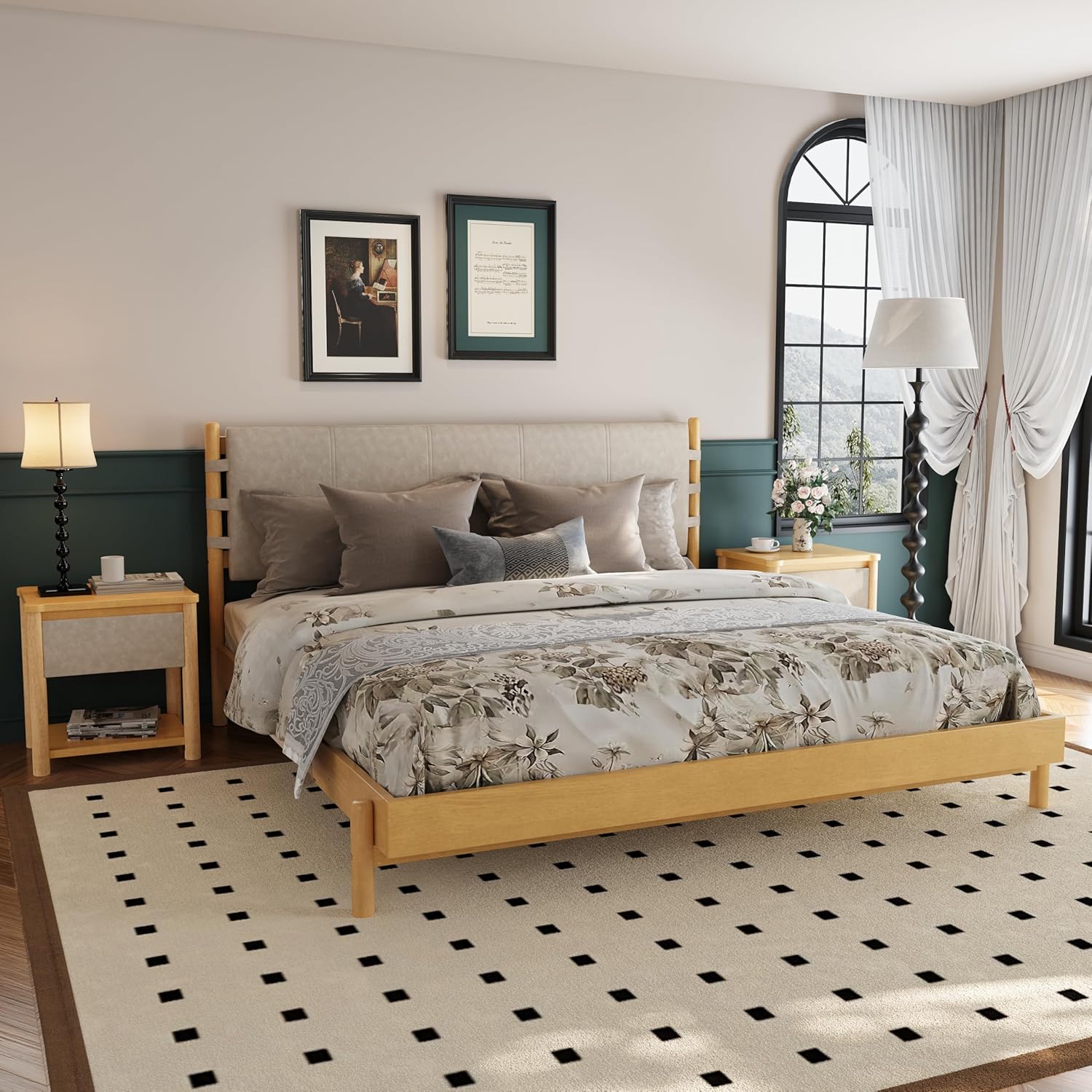 Modern King Bed Frame Set with 2 Nightstands, Beige Wood Platform Bed with Headboard and Matching Bedside Tables for Bedroom