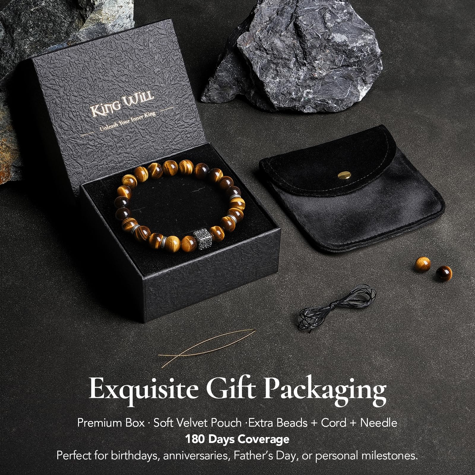 King Will Pulsera elástica de perlas de piedra natural para hombre, 10 mm – 12 mm, ajustable, regalo para hombres
