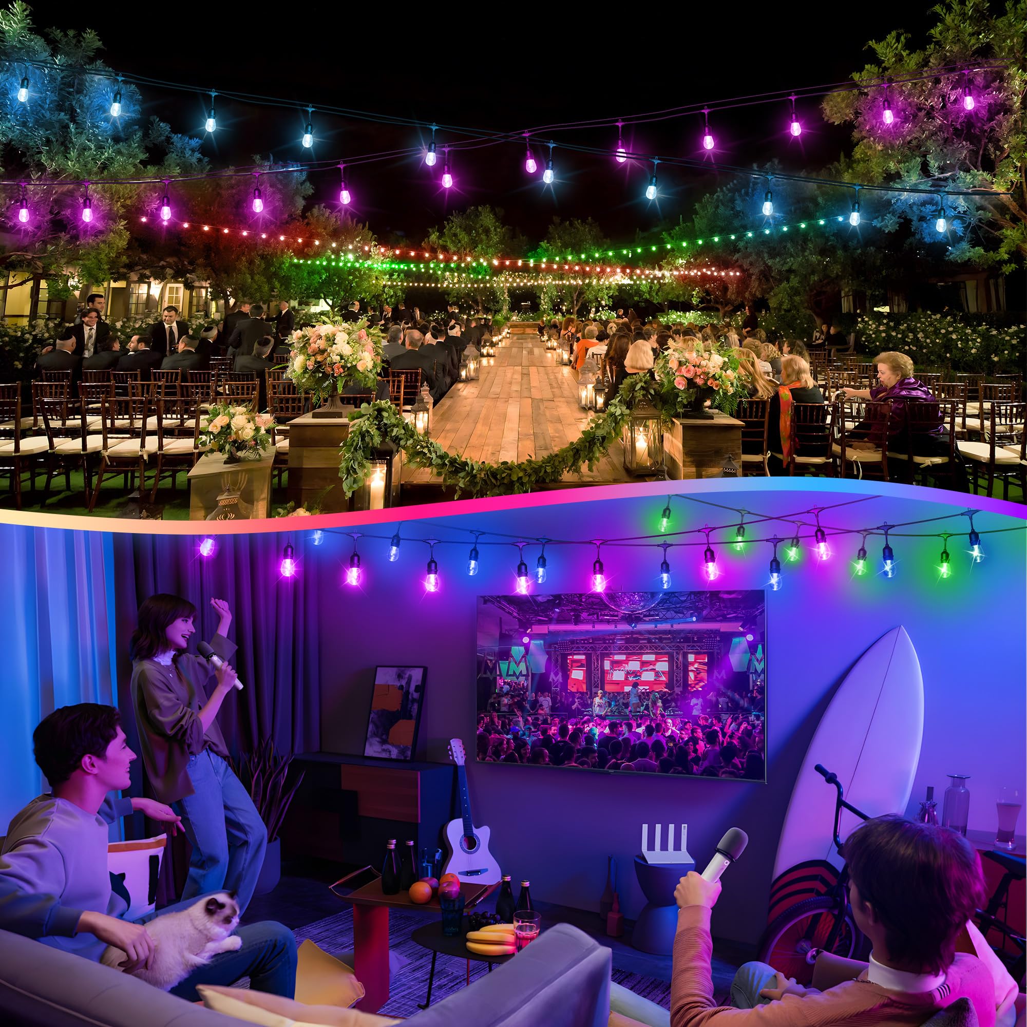 Larkvue Stringa di luci solari RGB da 30 m per esterni, con telecomando, multicolore e bianco caldo, dimmerabili, impermeabili, con 30 lampadine LED S14, colore nero