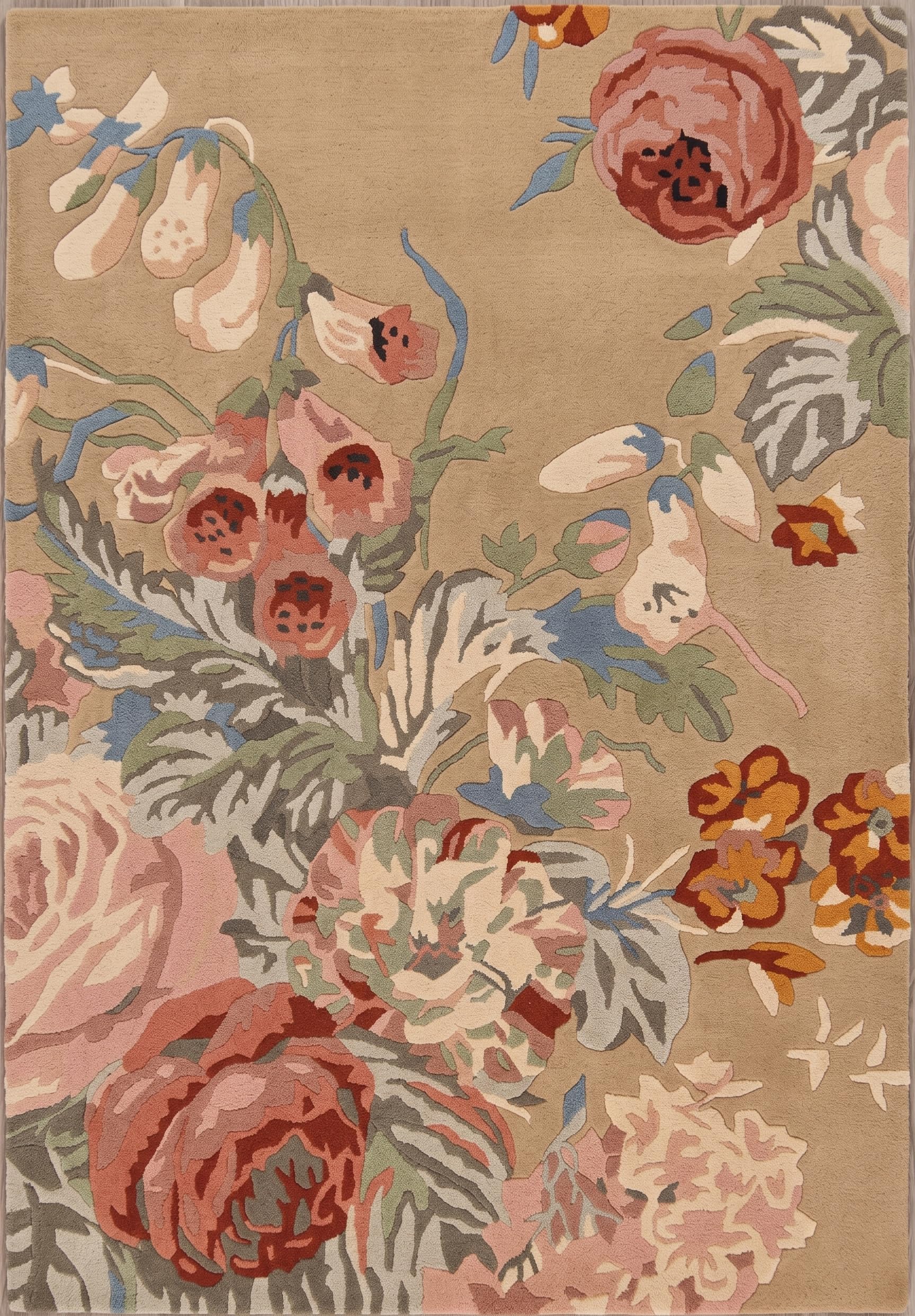 Modern Rose Floral Wool Area Rug | Handmade Area Rug with Garden Colorful Flowers for Living Room Dining Room and Kitchen (Beige, 8x8 Round)