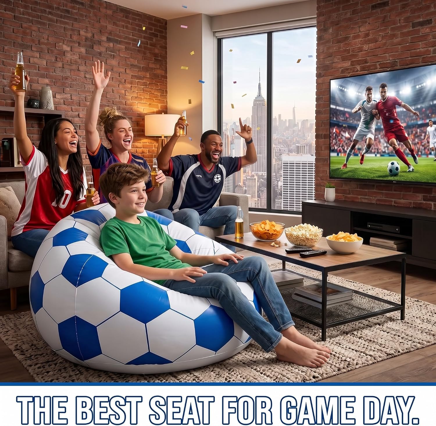 Inflatable Bean Bag Chair 36''Soccer Design Blow-Up Lazy SofaInflatable Bean Bag Chair,Portable Blow-Up Sofa, Inflatable Seat for Home, Garden, Patio,Pool, Outdoor&Indoor Leisure