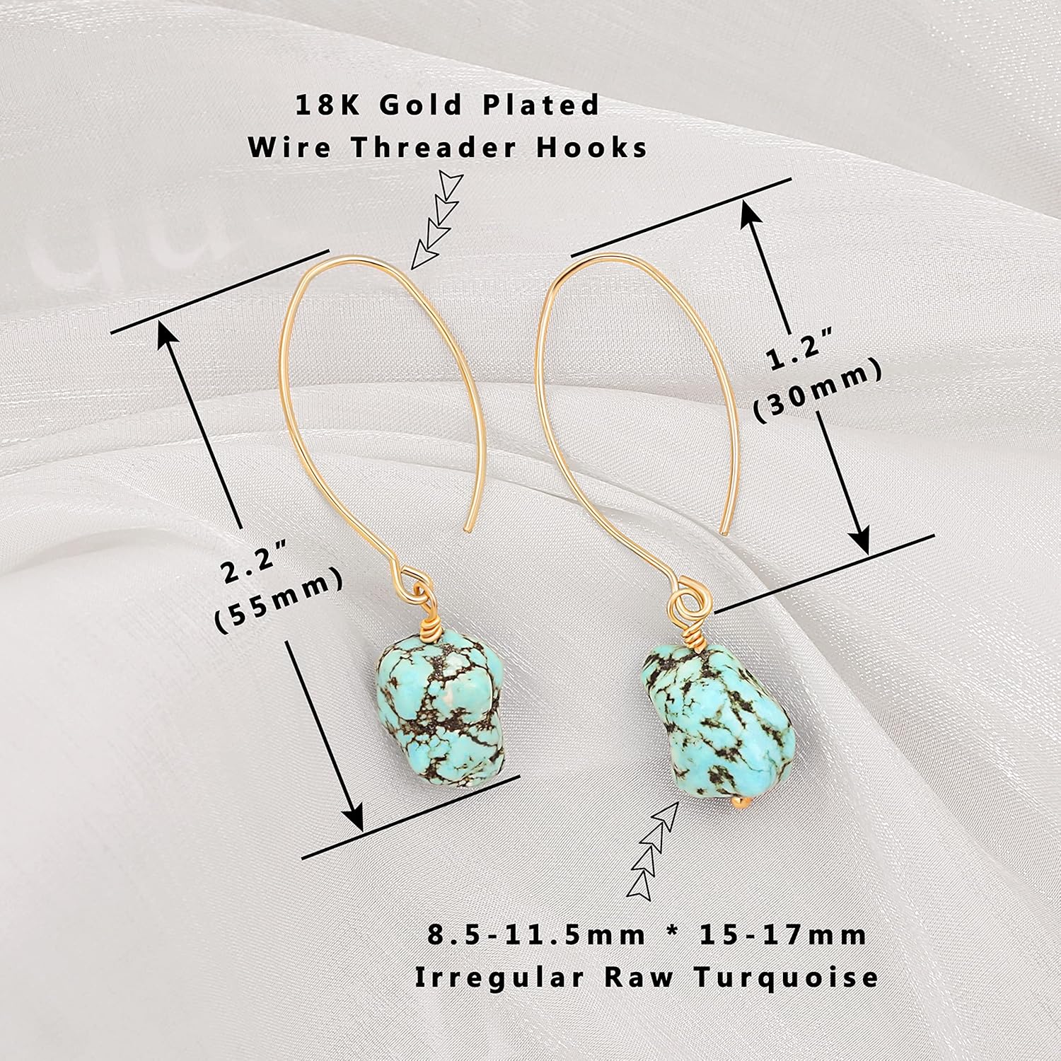 Aobei Pearl Raw Turquoise/Shell Pearl Drop Dangle Earrings 18K Gold Plated Long Hook Wire Threader Earrings for Women Bohemian Ear Jewelry Gift for Her - Image 4