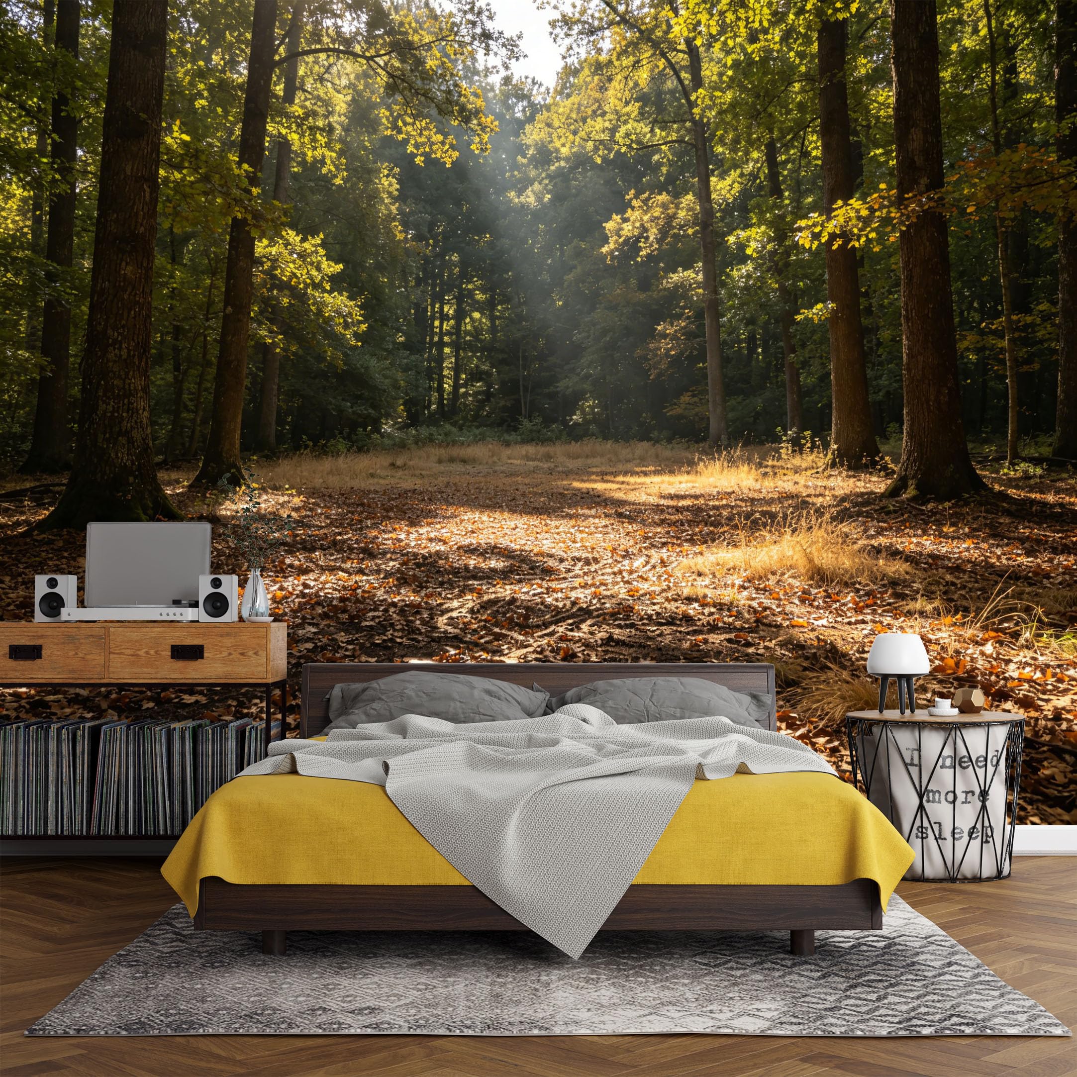 Custom Size Wall Mural， Forest Autumn Sunlight Woodland Landscape Nature View，SelfAdhesive Art Prints wall Fabric (No PVC) Removable Wallpaper Living Room Decor