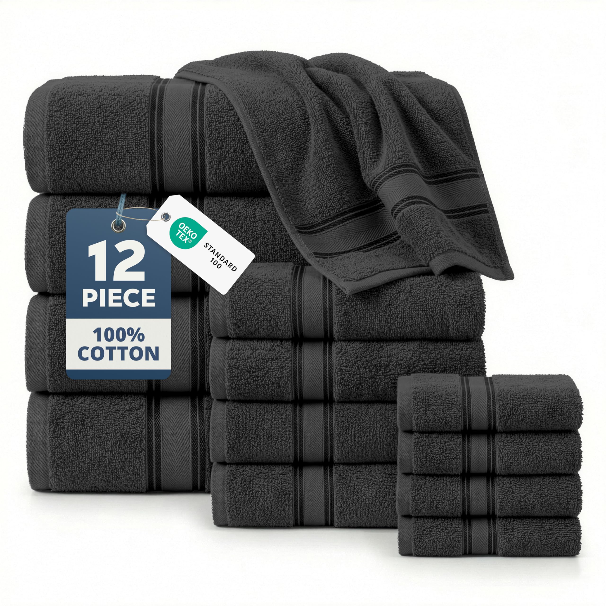 Lane Linen Luxury Bath Towels Set - 12 Piece Set, 100% Cotton Bathroom Towels, Zero Twist, Quick Dry Shower Towel, Absorbent Bath Towel, Super Soft, 4 Bath Towels, 4 Hand Towels, 4 Wash Cloths - Black