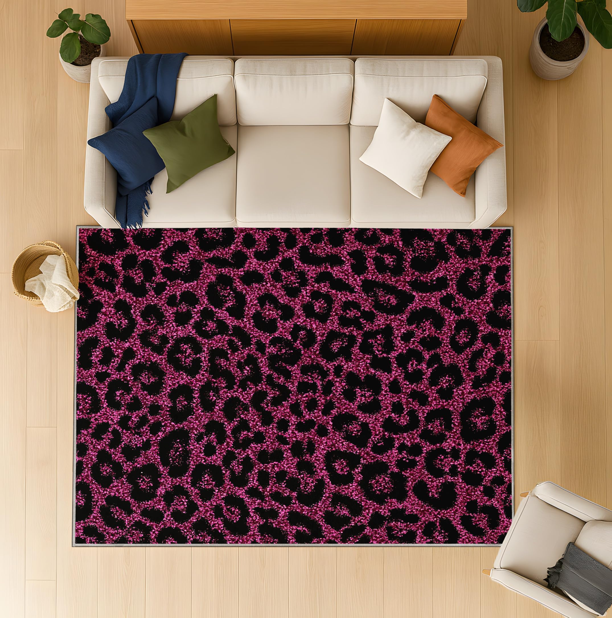 Generico Nowoczesny dywan bardzo miękki 160 x 220 cm, różowy fuksja dywany do pokoju dziecięcego salon przy łóżku, nadruk w panterkę modny romantyczny dywan antypoślizgowy zmywalny