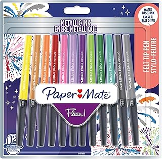Paper Mate Rotuladores Flair | Rotuladores metálicos de punta de fieltro | Punta media (0,7 mm) | La tinta con purpurina brilla sobre papel blanco | Colores variados | 12 unidades