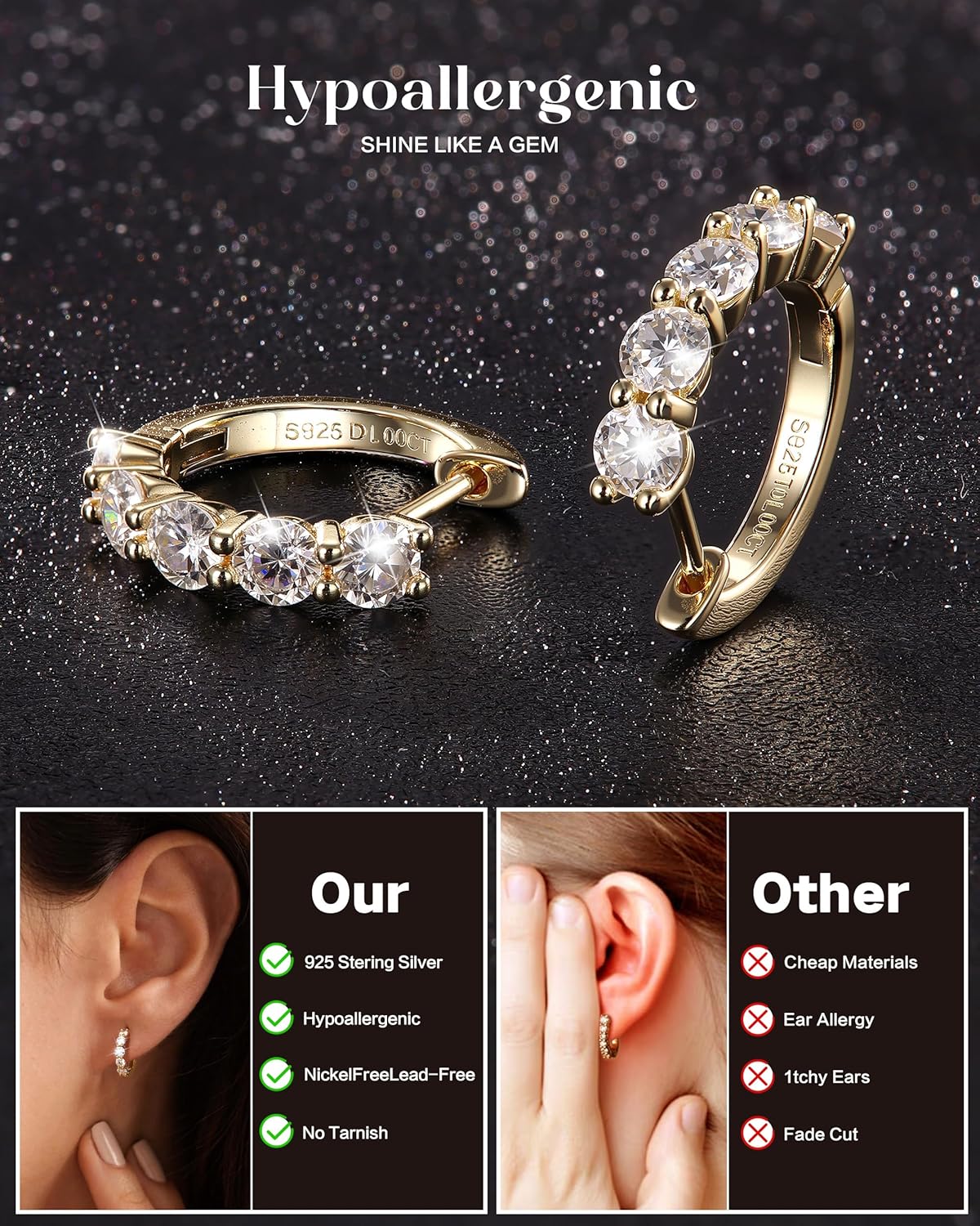 Moissanite Hoop Earrings,2.0ct D Color 14K Gold Plated Brilliant Round Cut Earrings S925 Sterling Silver Huggie Earring for Women Men - Image 6
