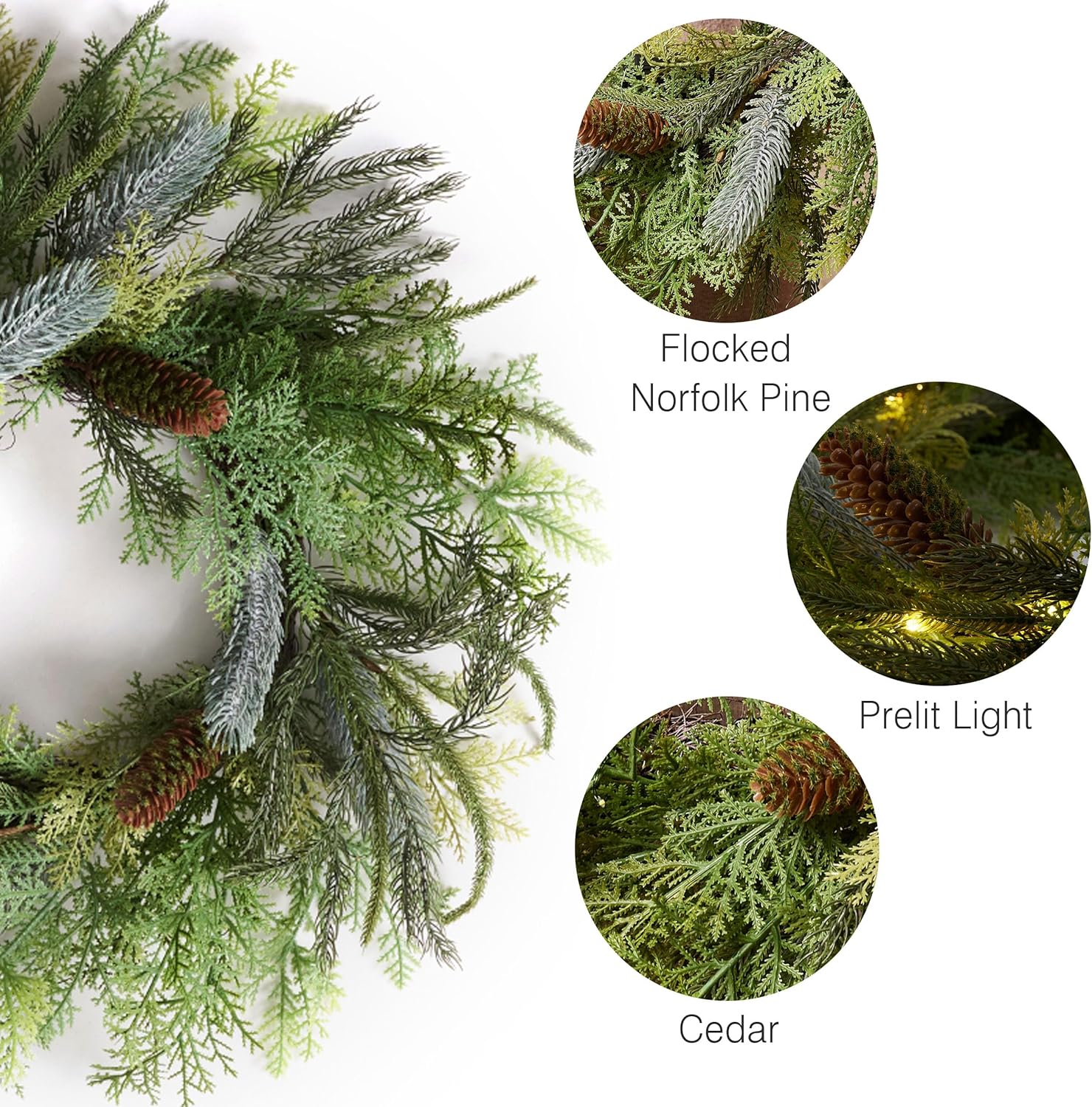 Decorbyhannah 20 Inch Norfolk Pine Christmas Wreath with Lights, Prelit Christmas Wreaths for Front Door, Windows and Fireplace, Battery Operated Winter Holiday Wreath for Home Decor