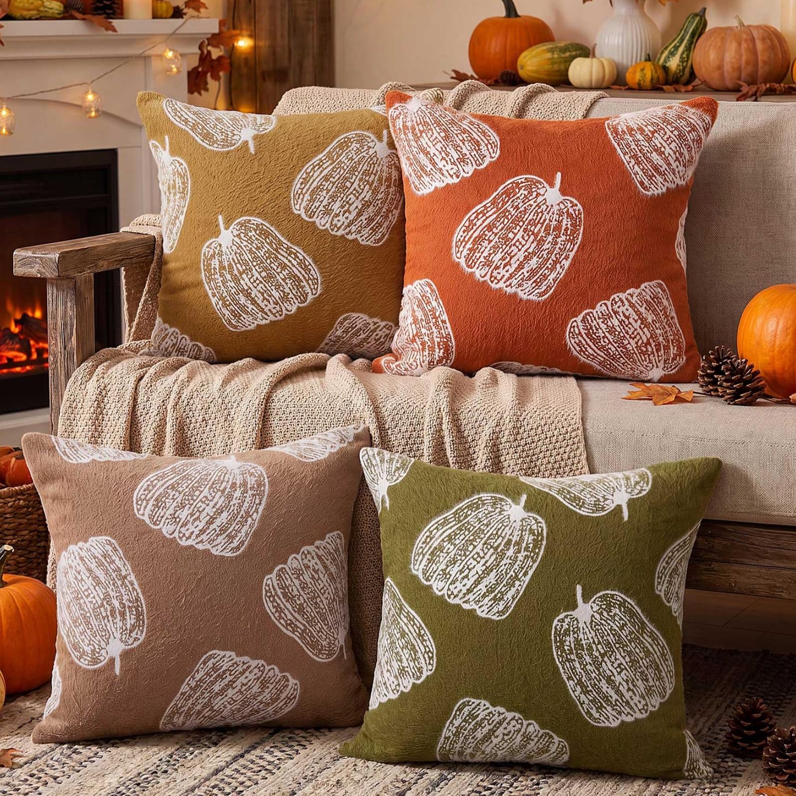 Benjia Autumn 18x18 Cushion Covers Set of 4, Fall Pumpkin Throw Pillow Cases Faux Mink Velvet Decorative Throw Pillow Covers 45x45cm Cushion Cases for Couch Sofa Bed Fall Autumn Decor (4 Colors)