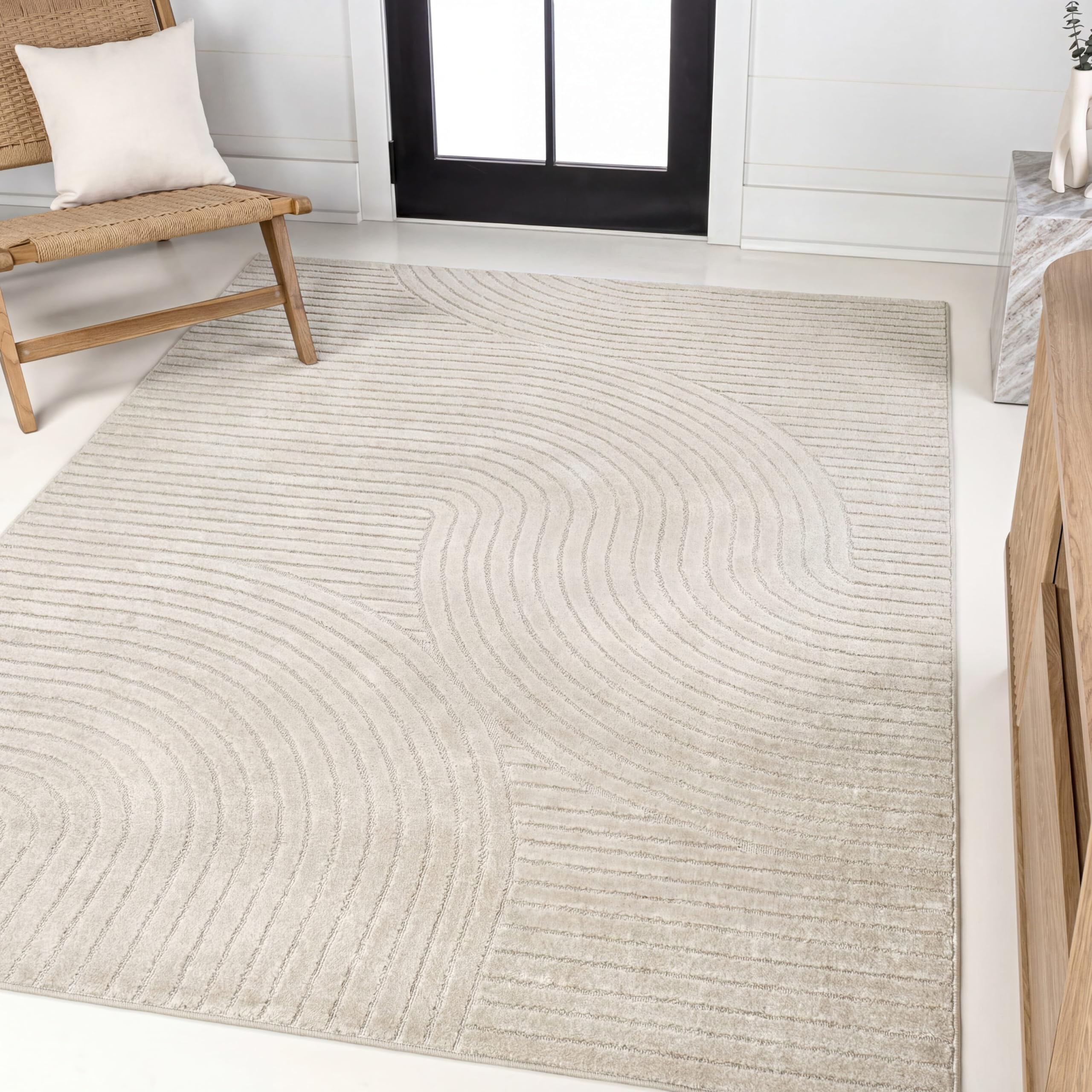 JONATHAN Y Hallie High-Low Curve Ivory/Cream Indoor/Outdoor Area Rug, 8x10, Minimalist, Pet Friendly, Non-Shedding, Stain Resistant, Hose-Washable for Backyard, Patio, Porch (SCN100B-8)
