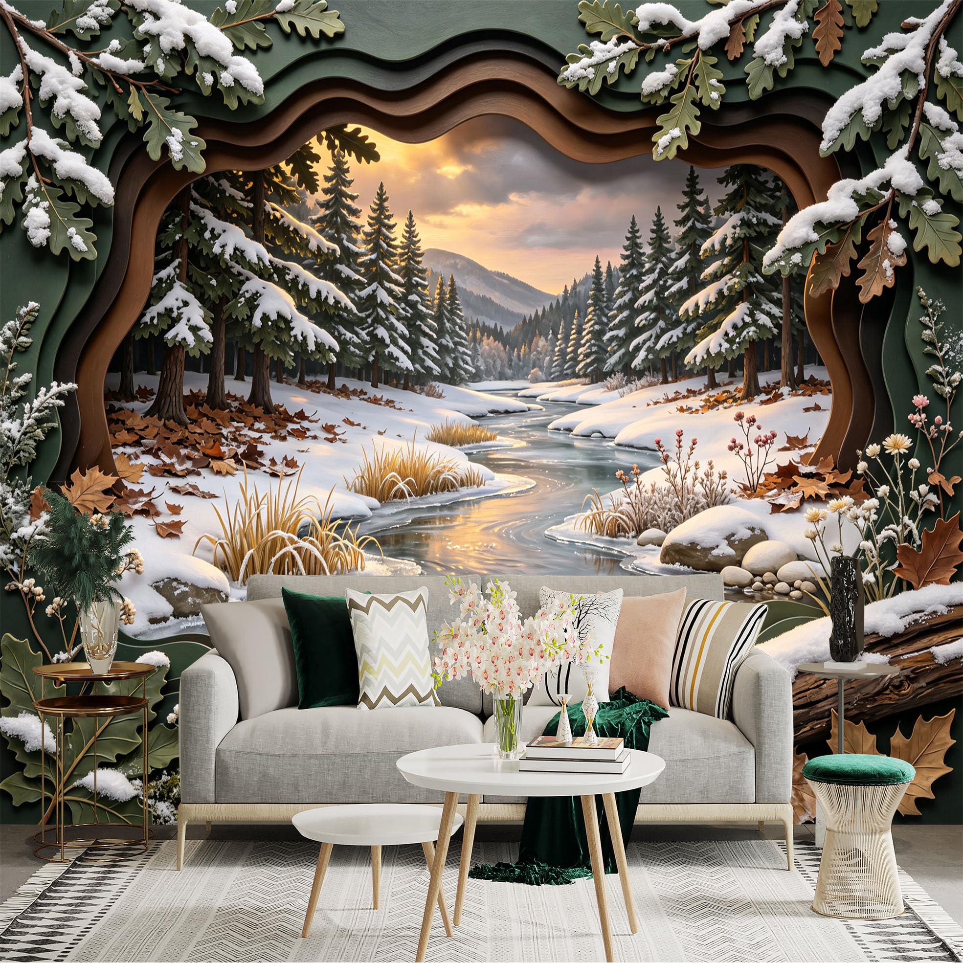 Lnzczhyre Bh260719790 Custom Size Wall Sticker Mural， Snowy Forest River， Winter Landscape， Sunset Scenery， Nature View， For Wall Decoration， Peelandstick Wall Decals.