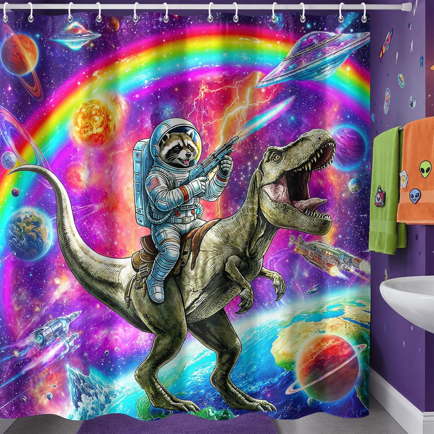 Accnicc Space Raccoon Dinosaur Shower Curtain for Bathroom 72 X 72 Inch image 5