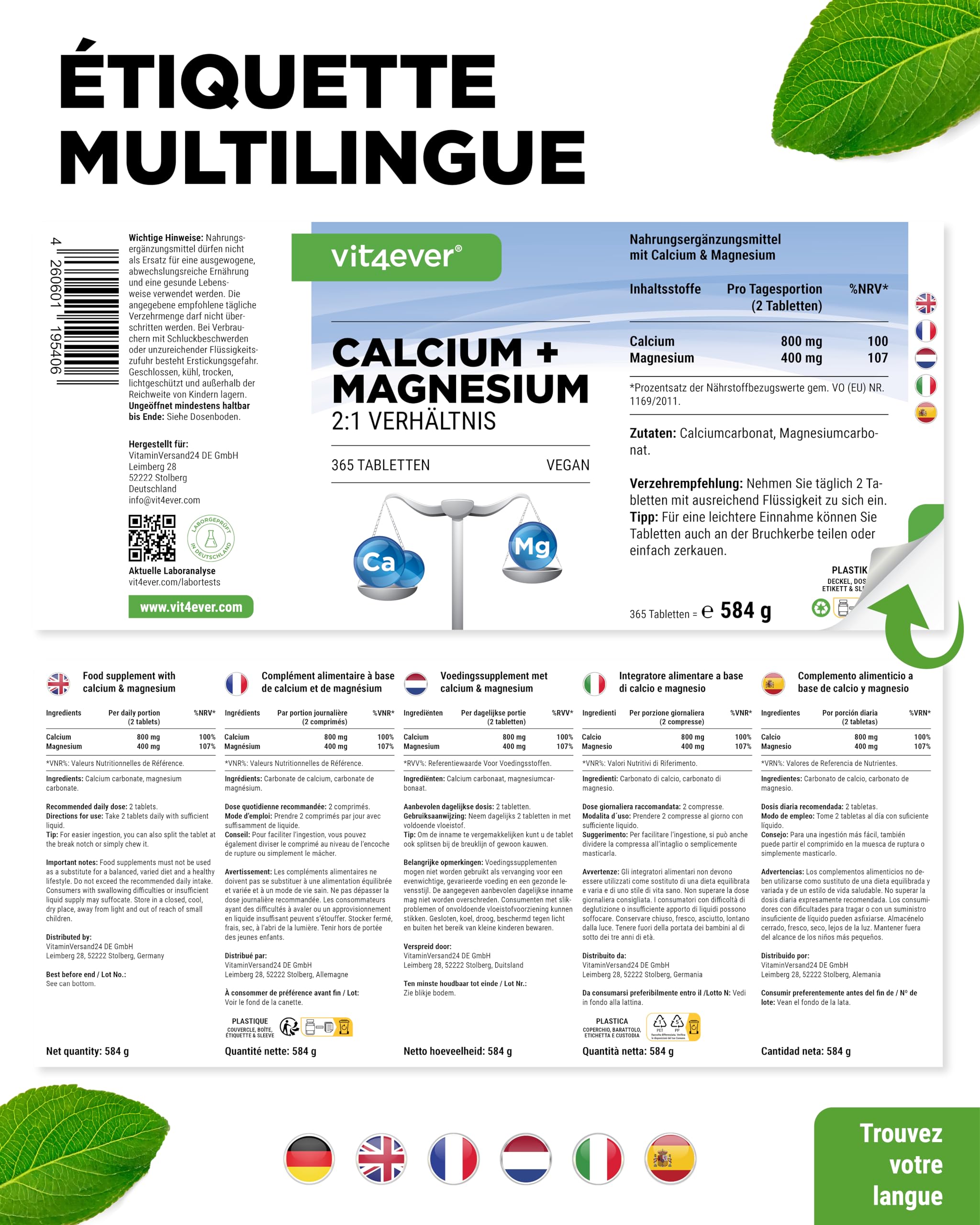 Calcium 800 mg + Magnésium 400 mg (2 comprimés) - 365 comprimés - 6 mois d'approvisionnement - Complexe de calcium + magnésium dans un rapport 2:1 - Végétalien - Fortement dosé.