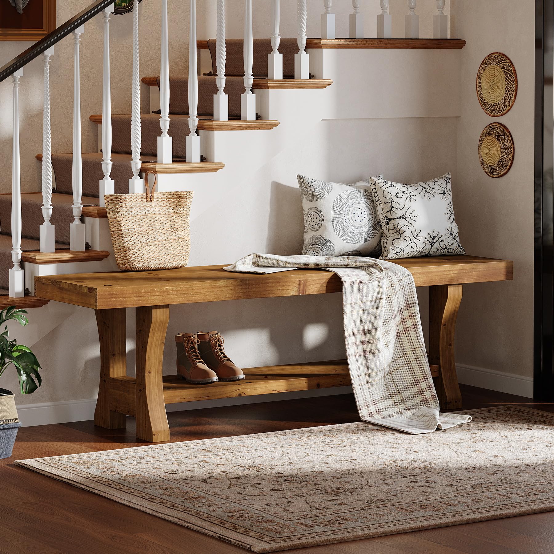 Solid Wood Entryway Bench, 55" End of Bed Bench, Long Indoor Dining Seat for Hallway, Bedroom, Living Room, Dining Room, Easy Assembly, Brown
