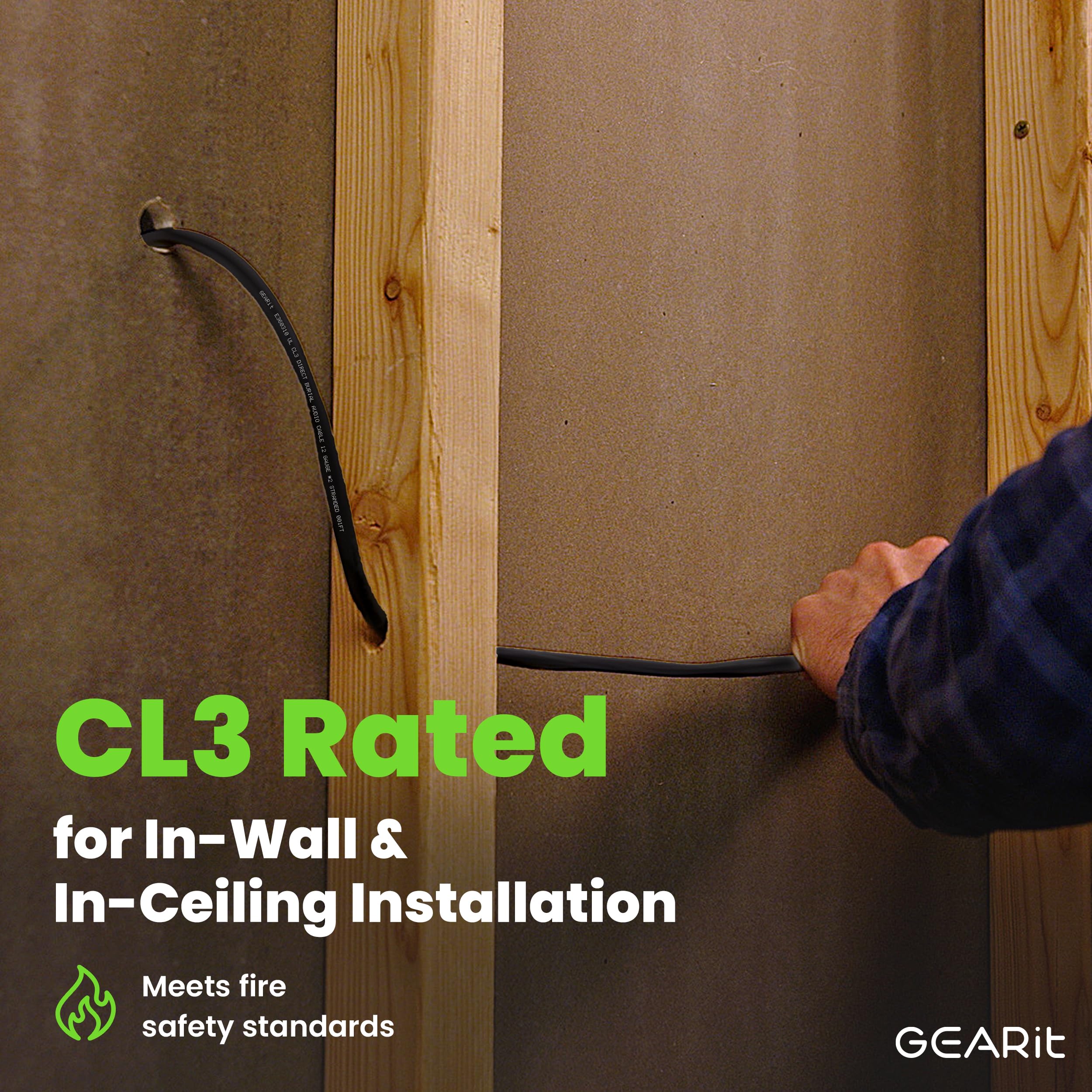 GearIT CL3-Lautsprecherkabel, AWG, 12 Gauge, AWG, für Innen- und Außenbereich, OFC-Draht, sauerstofffreies Kupfer, direkte Erdverlegung, 12 AWG, 30 m, Schwarz