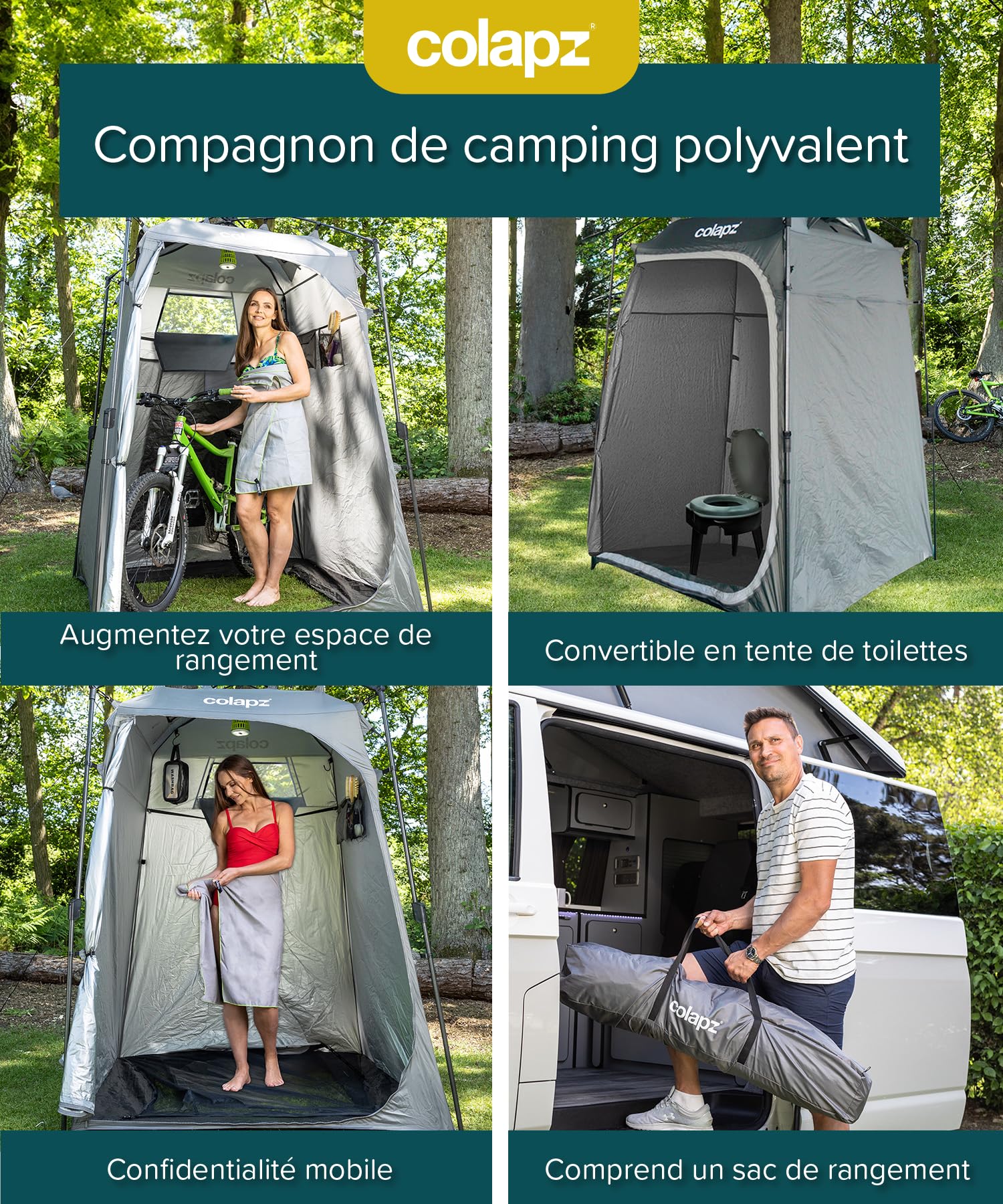 Colapz Tente Douche Camping Pliable et Spacieuse - Cabine Toilettes Portable Haute 210x155 cm - Toile Opaque Étanche avec Sac Transport et Sardines - Installation Rapide 1 Minute
