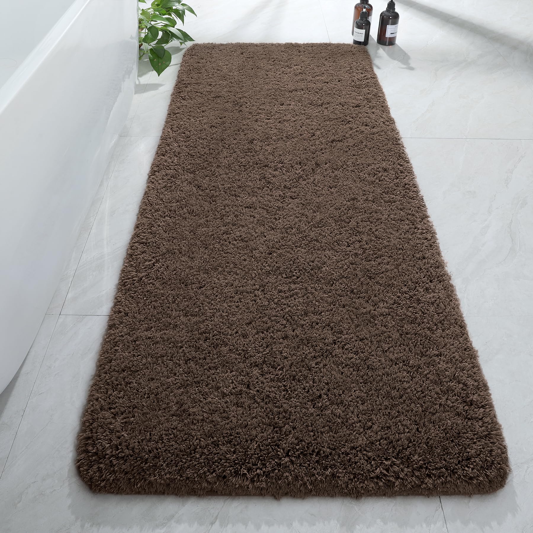AROGAN Luxury Long Bathroom Runner Rug, 24x60 Inch Thick Soft and Absorbent Non Slip Bath Mat, Rubber Backing Quick Dry Rugs Carpets, Machine Washable Plush Mats for Shower Floor, Deep Brown