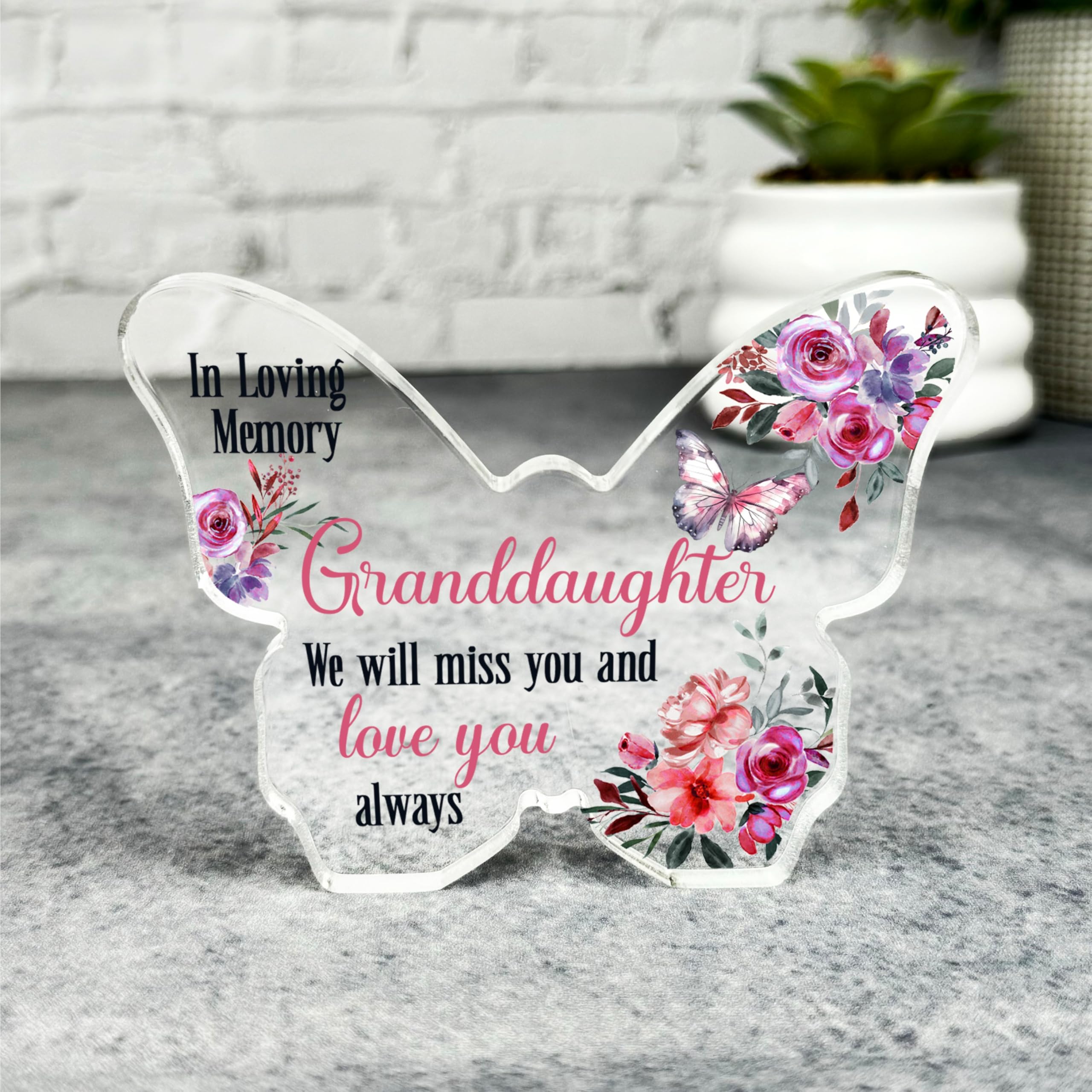 Granddaughter Pink Floral Memorial Butterfly Plaque Sympathy Gift Keepsake Gift - Small Gifts For Him For Her, Present, Acrylic Plaque, Unqiue Gift, Ornament, Décor, Plaque, trinket, Keepsake Gift