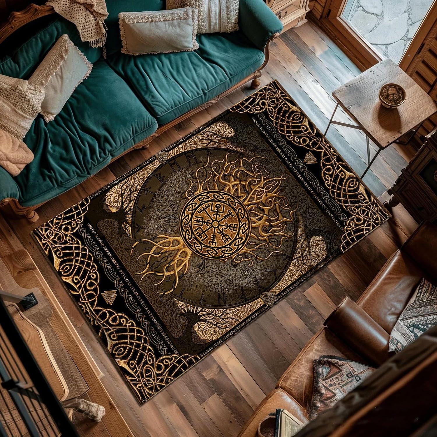 Viking Rug for Living Room, Tree of Life Norse Decor Vikings Area Rugs, Viking Magic Symbol Norse Culture Rug Non-Slip Floor Mat, Indoor Outdoor Carpet Home Decor Full Sizes 11