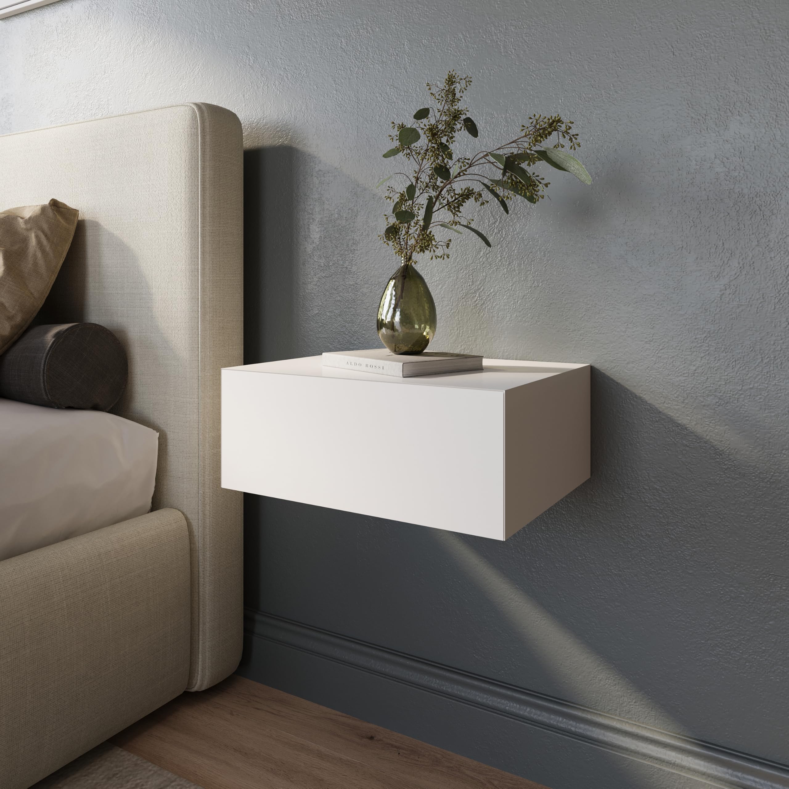 Aeris Floating White Modern Nightstand with Storage Drawer, Minimalist Scandinavian, Made with Natural Pine Wood, Wall Mounted Bedside End Table for Bedroom and Living Room