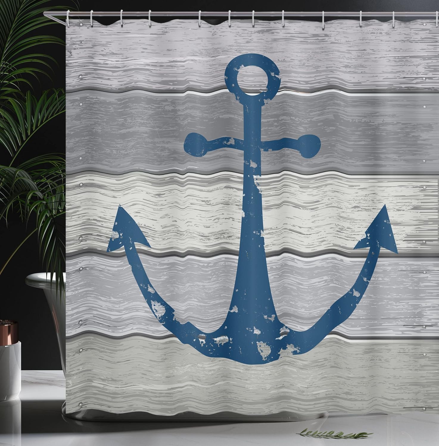 Ambesonne Anchor Shower Curtain, Timeworn Rustic Nautical Maritime Colored Symbol on Grunge Wooden Planks, Cloth Fabric Bathroom Decor Set with Hooks, 69" W x 84" L, Night Blue