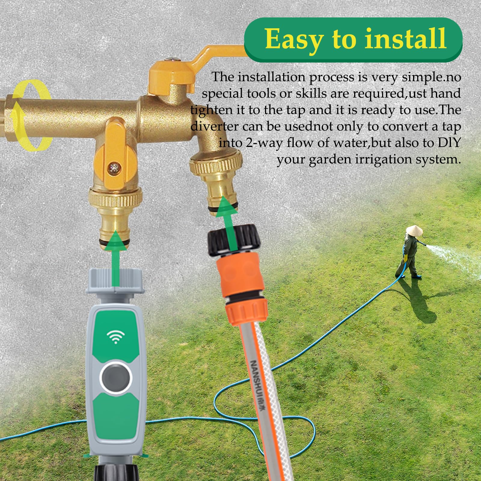Robinet Exterieur Jardin à Double Sortie, Répartiteur de Tuyau en Laiton Inoxydable 2 Voies avec Entrée 1/2 et 2 Sorties 3/4 Pouces, Kit de Robinet Extérieur pour Jardin, Maison, Industrie