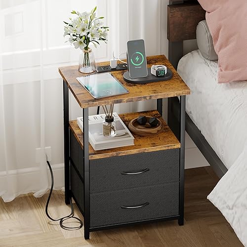 Miniatura 2 de Fixwal Mesita de noche con estación de carga, mesita de noche con cajones de tela, mesita de noche para dormitorio, marrón rústico y negro