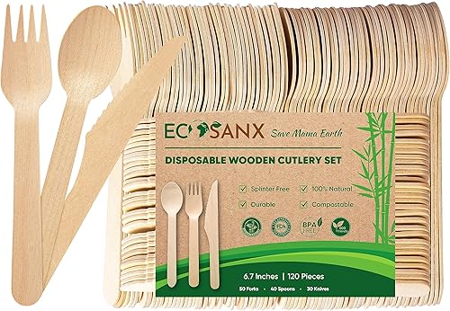 Juego de cubiertos de madera de 120 piezas, utensilios compostables sin astillas, biodegradables, ecológicos, 100% naturales, utensilios de bambú