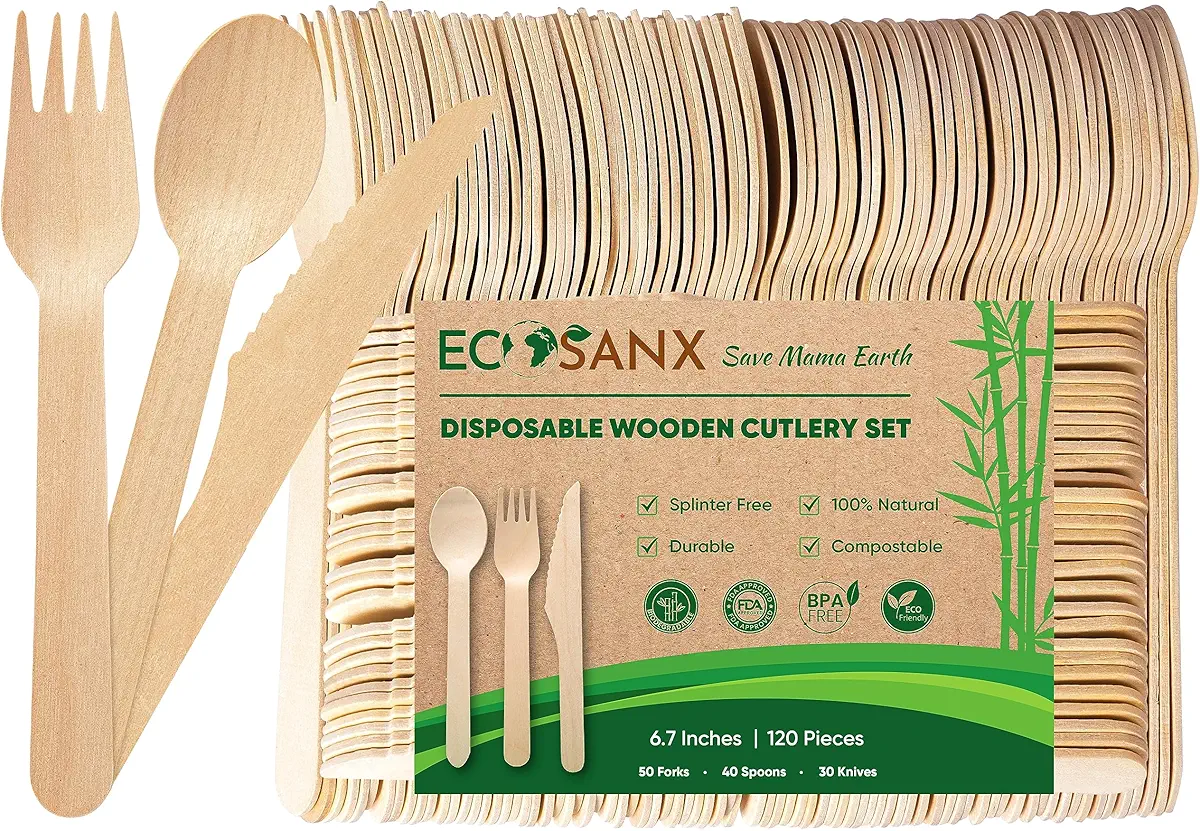 300 PCs Wooden Cutlery set | 6.5&#34; Splinter Free Compostable Utensils, Biodegradable, Eco-Friendly | 100% All - Natural Bamboo Utensils for Outdoor,