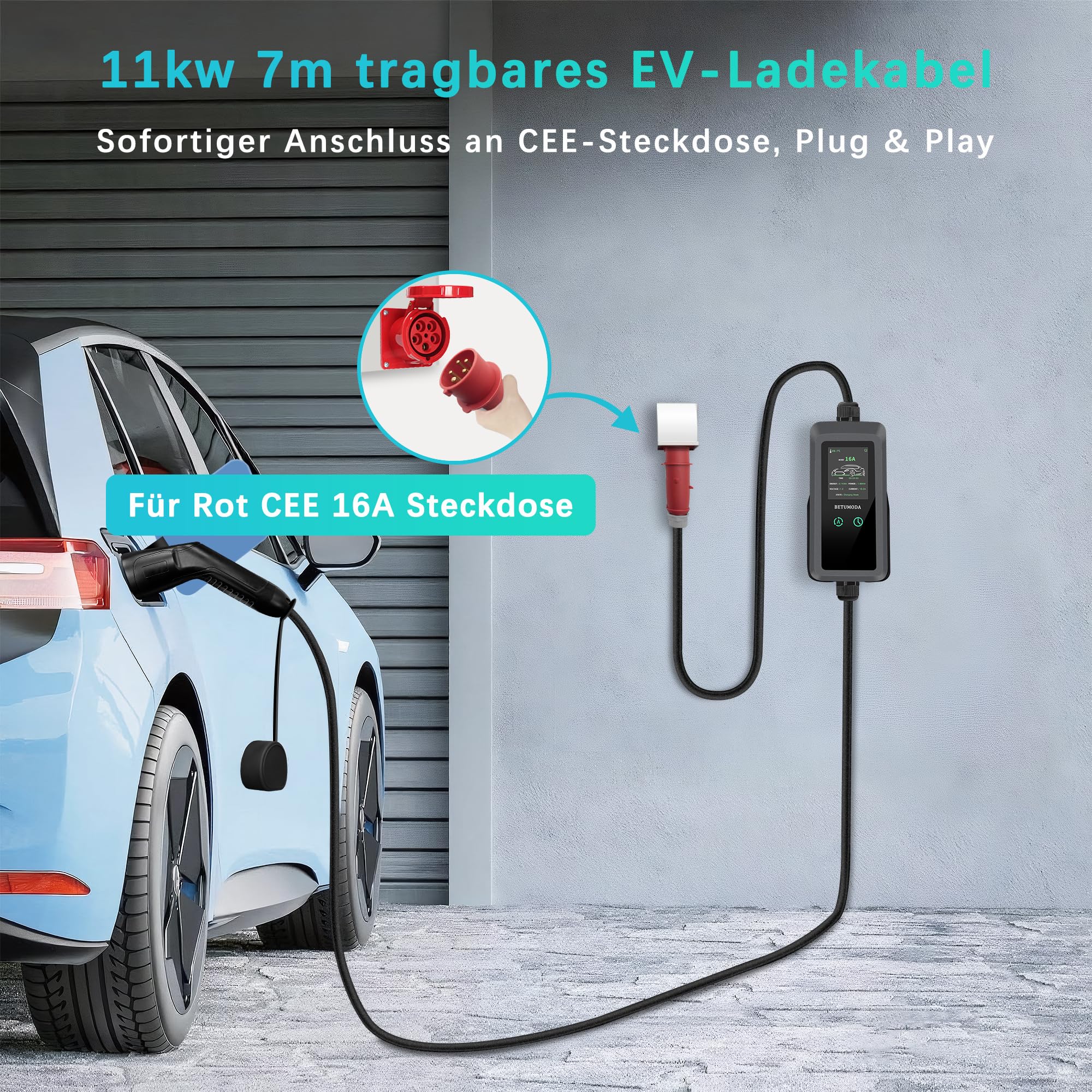 BETUMODA Typ 2 Ladekabel 11kW - 7m, 3-Phasig, Für E-Autos, Mit Zeitschaltung