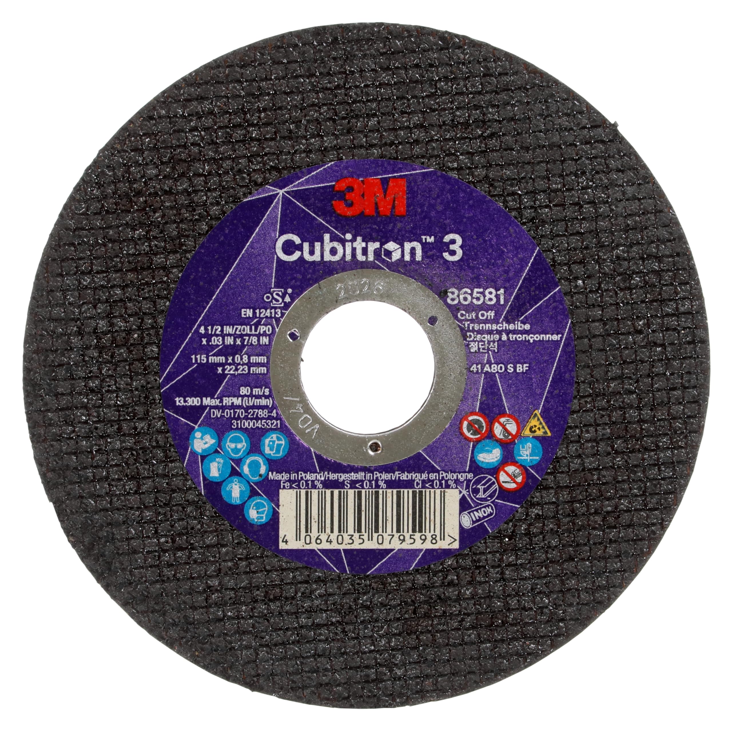 Disco da Taglio 3M Cubitron 3, 86581, 80+, T41, 115 mm X 0.8 mm X 22.23 Mm, En, 25/Pack