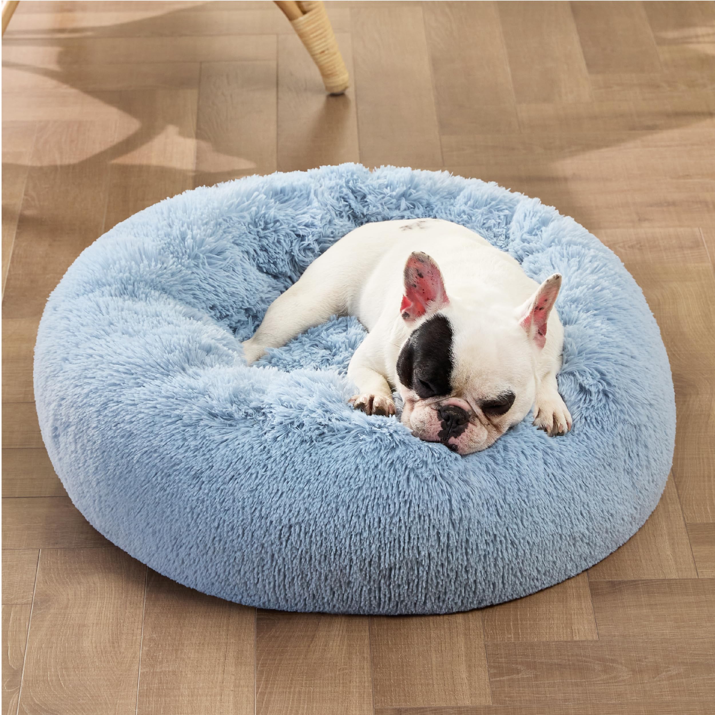 Bedsure Calming Dog Bed for Small Dogs - Donut Washable Small Pet Bed, Round Anti Anxiety Fluffy Plush Faux Fur Large Cat Bed, Fits up to 25 lbs Pets, Blue, 23 inches