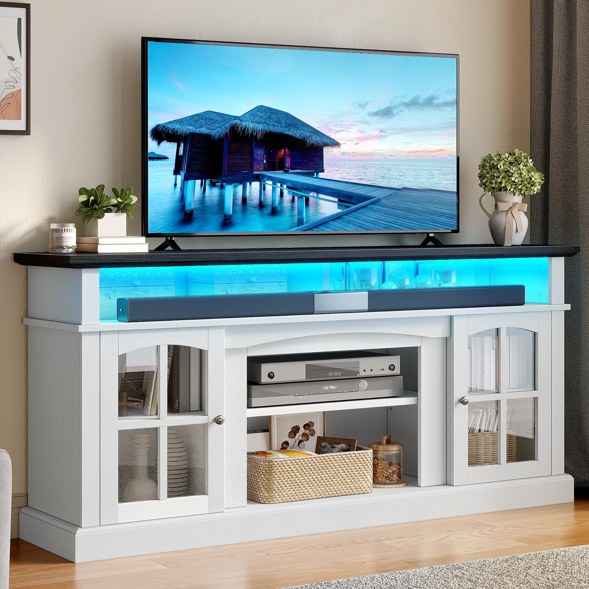 YITAHOME LED Farmhouse TV Stand for 75 Inch w/Outlets, Modern Entertainment Center with Glass Doors and Adjustable Storage Shelves, Media Console TV Cabinet for for Living Room, White/Black