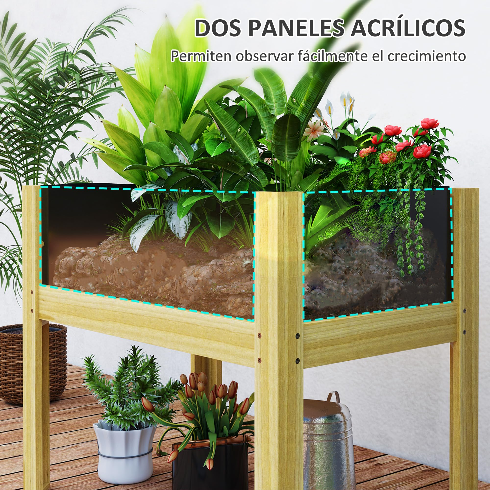 Outsunny Huerto Urbano de Madera Mesa de Cultivo con Paneles Acrílicos Jardinera Elevada para Cultivo Flores Vegetales en Jardín Terraza 75x46x60,5 cm Natural
