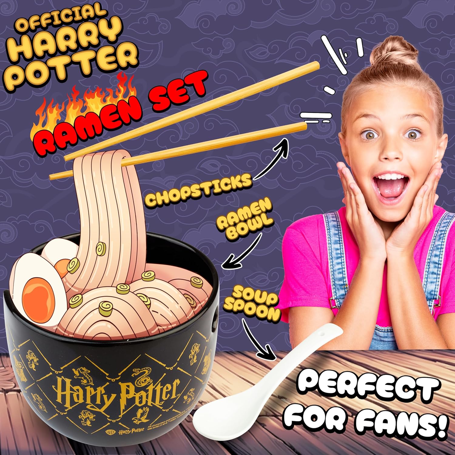 Get Trend Harry Potter Ceramic Ramen Bowl 3 Pc Set with Bamboo Chopsticks, Spoon, Kids Teens Adults, 20oz Noodle Bowl, Microwave Safe Gifts for Teens (Black Harry Potter) - Image 2