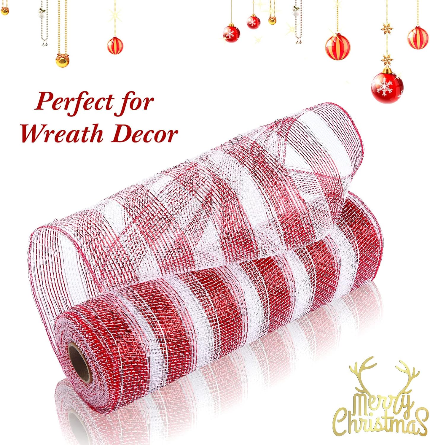 4 Rolls Metallic Foil Mesh Ribbon for Door Wreath DIY Crafts Making Supplies (Red White, 10 Inch)