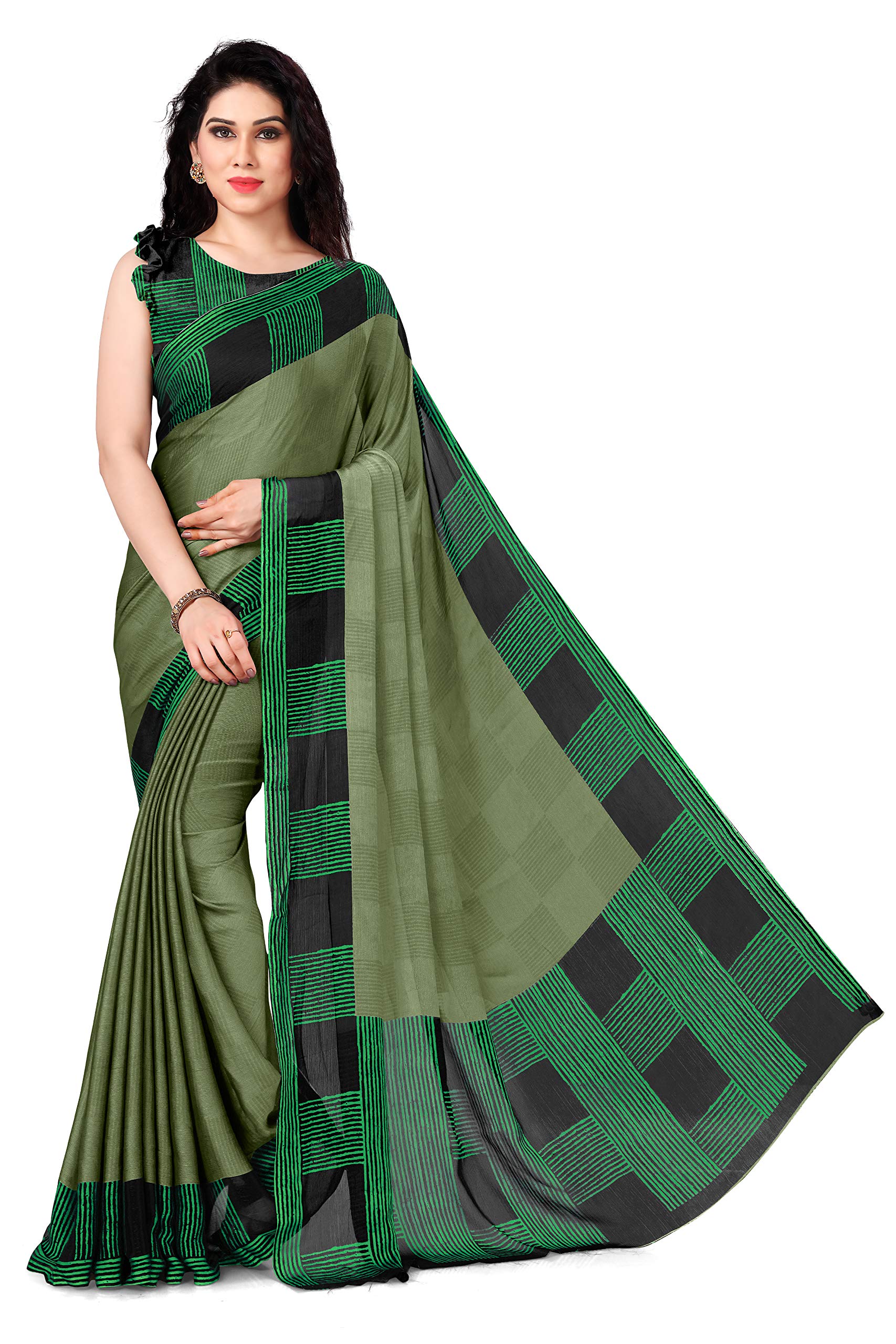 Mirchi FashionSOURBH Women's Bollywood Style Stripes Printed Saree with Blouse Piece (Mahendi Green, Black)