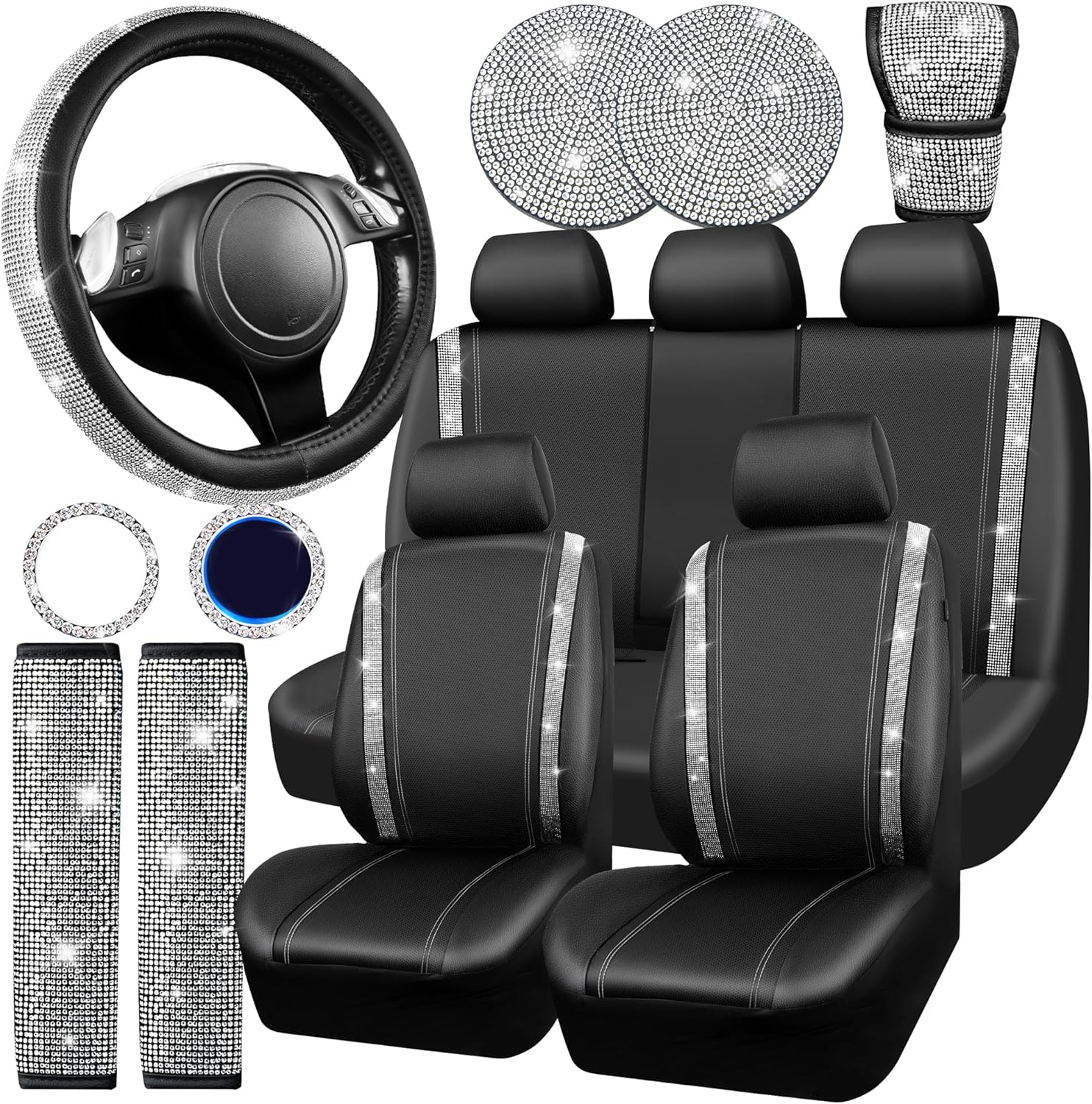 CAR PASS Leather Bling Seat Covers Full Sets 16 pcs, Bling Diamond Car Accessories Set for Women, Sparkly Rhinestone Steering Wheel Cover, Glitter Cute Car Interior Sets for Women Girl, Silver Diamond