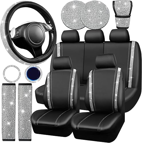 Miniatura 14 de CAR PASS Fundas de asiento de automóvil de cuero con diamantes brillantes, 11 unidades, funda de volante con diamantes de imitación brillantes