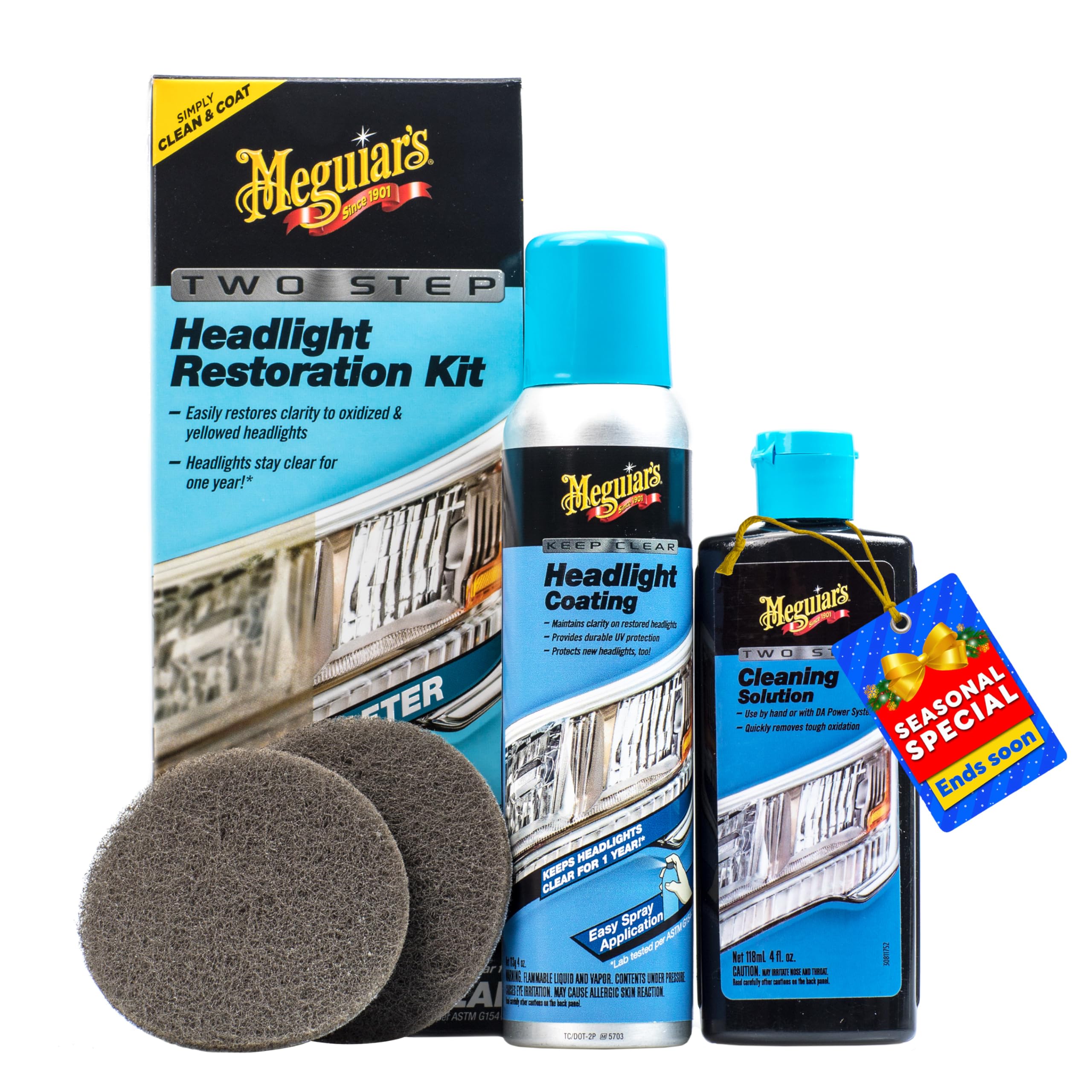 Meguiar's Two Step Headlight Restoration Kit, Headlight Cleaner Restores Clear Car Plastic and Protects from Re-Oxidation, Includes Headlight Coating and Cleaning Solution - 4 Count (1 Pack)