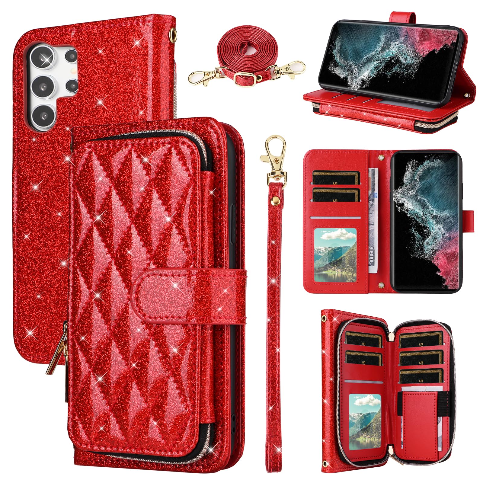 Furill Wallet Case for Samsung Galaxy S21 Ultra 5G with Wrist Strap,Crossbody Shoulder Strap,9+ Card Slots Zipper Purse,Leather Stand Cell Phone Cover