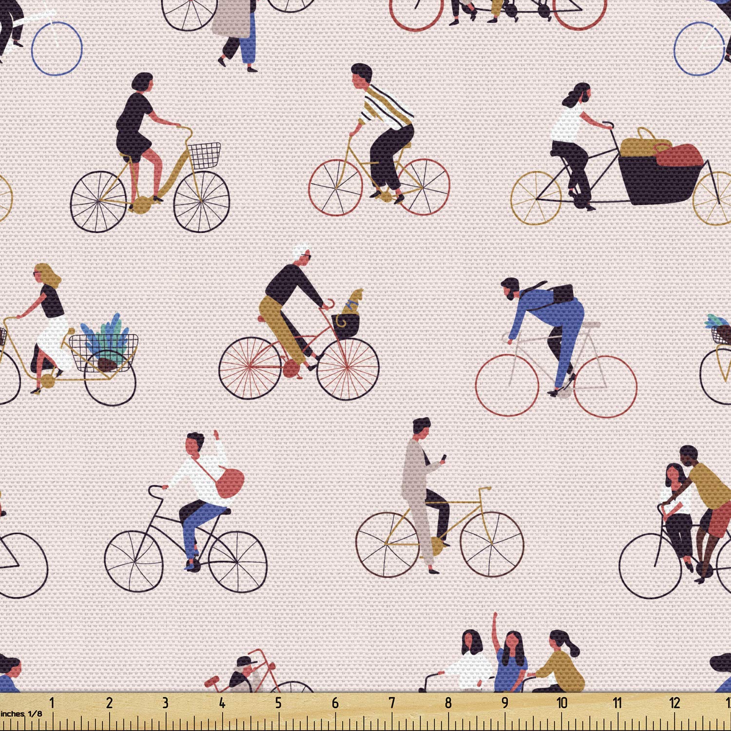 Ambesonne Bicycle Fabric by The Yard, Men and Women People Riding Bikes Repetition on Pastel Toned Background, Decorative Fabric for Upholstery and Home Accents, 2 Yards, Rose Pink