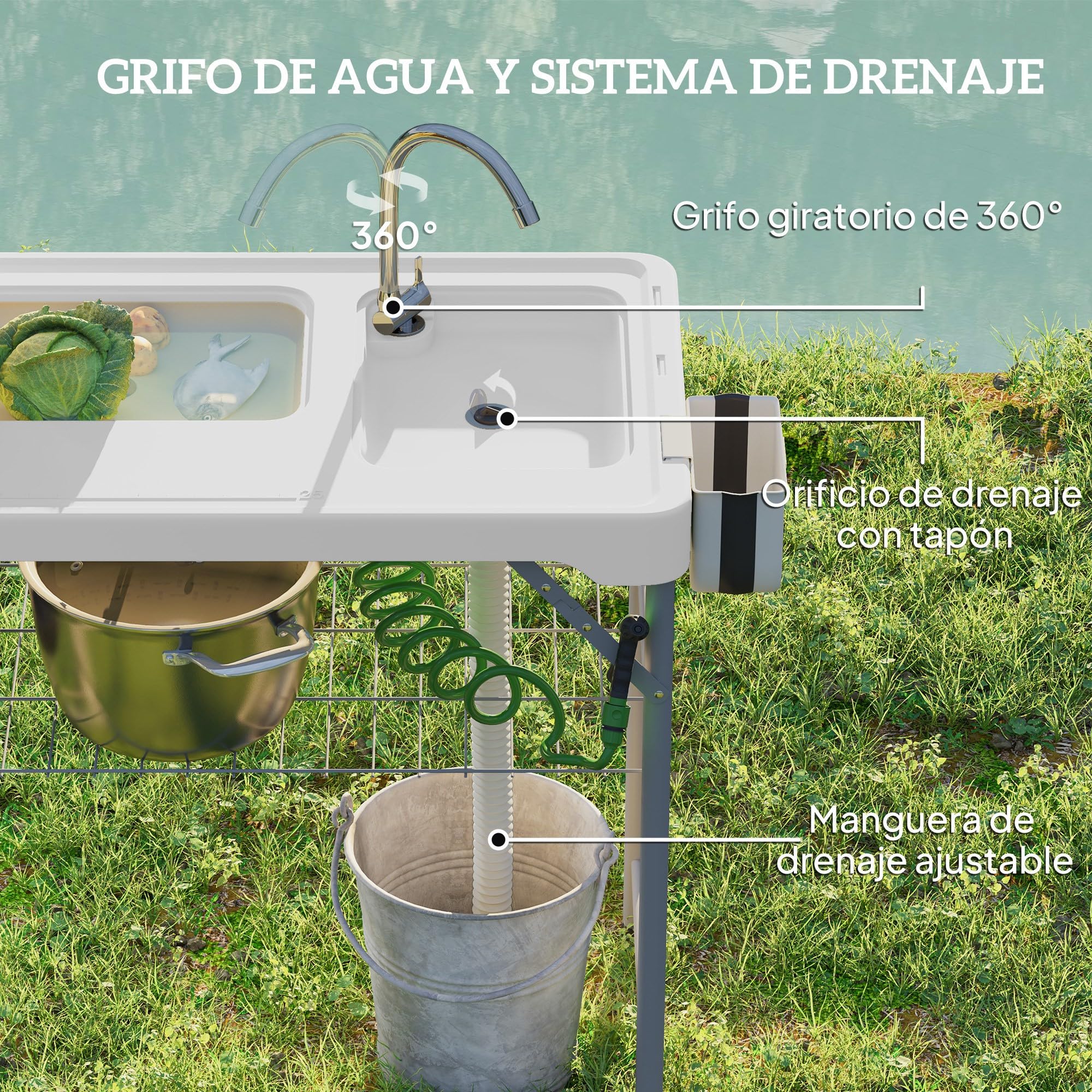 Outsunny Table pour nettoyer les poissons portable Table pliante pour camping avec 2 éviers, tuyau de drainage, station de nettoyage et robinet pour pêche barbecue Blanc
