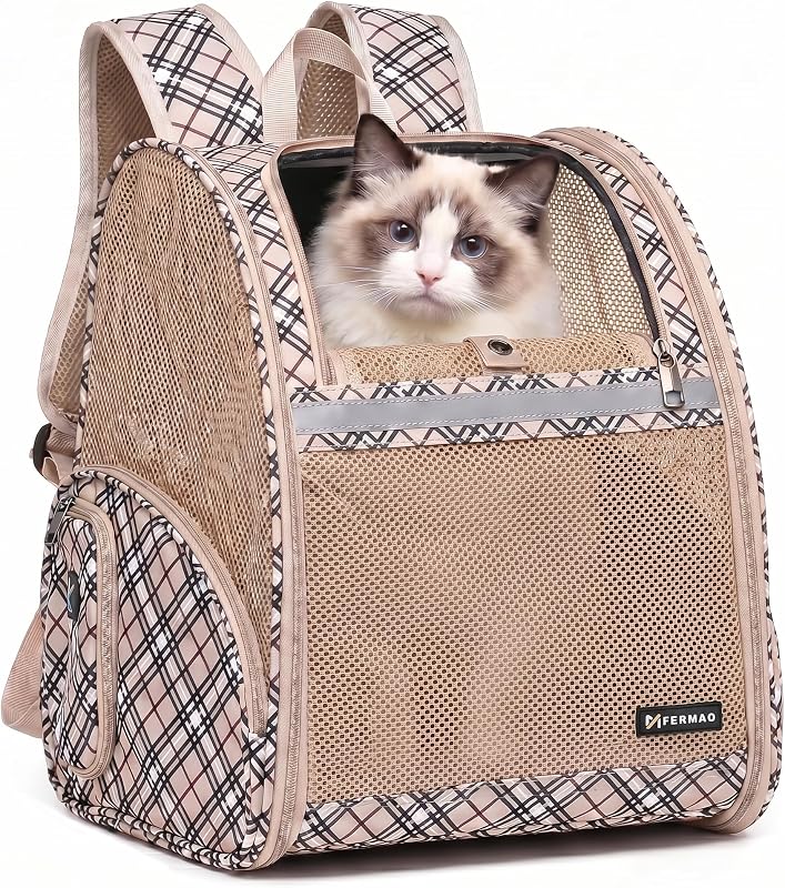 Mochila para Transporte de Cães Pequenos e Gatos FERMAO com Tela Ventilada, Guia de Segurança e Estrutura Dobrável Khaki M