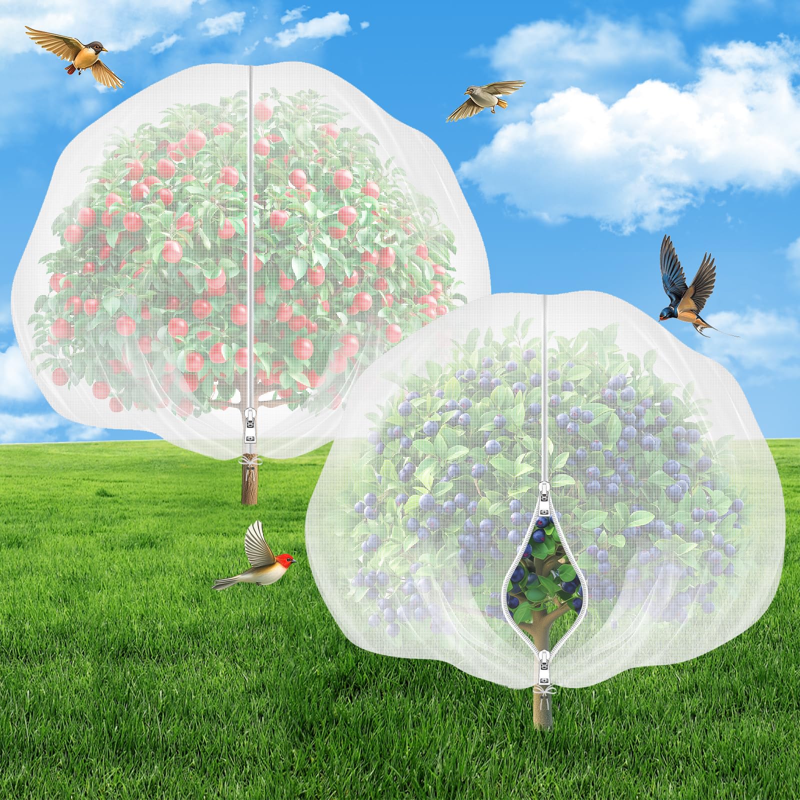 2 Pack Fruit Tree Netting with Zipper & Drawstring - 8'x8' Garden Plant Net Pest Barrier to Prevent Cicadas Bird Squirrel Deer - Bug Protection for Blueberry Tomato with Fine Mesh Insect Cover