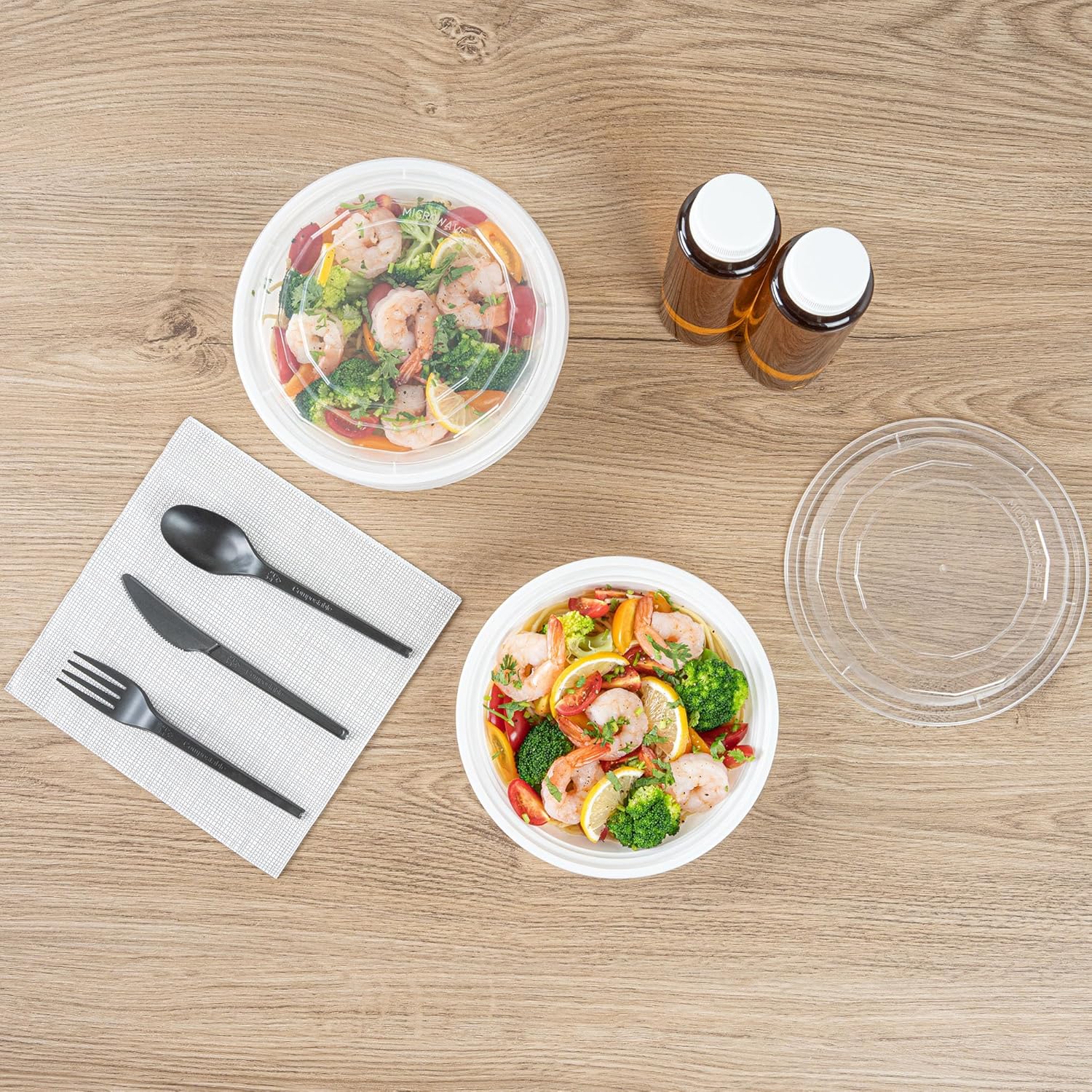 Asporto 24 Ounce To Go Boxes, 50 Microwavable Take Out Food Containers - Clear Plastic Lids Included, Do Not Contain BPA, White Plastic Catering Food Containers, Disposable, Round - Restaurantware